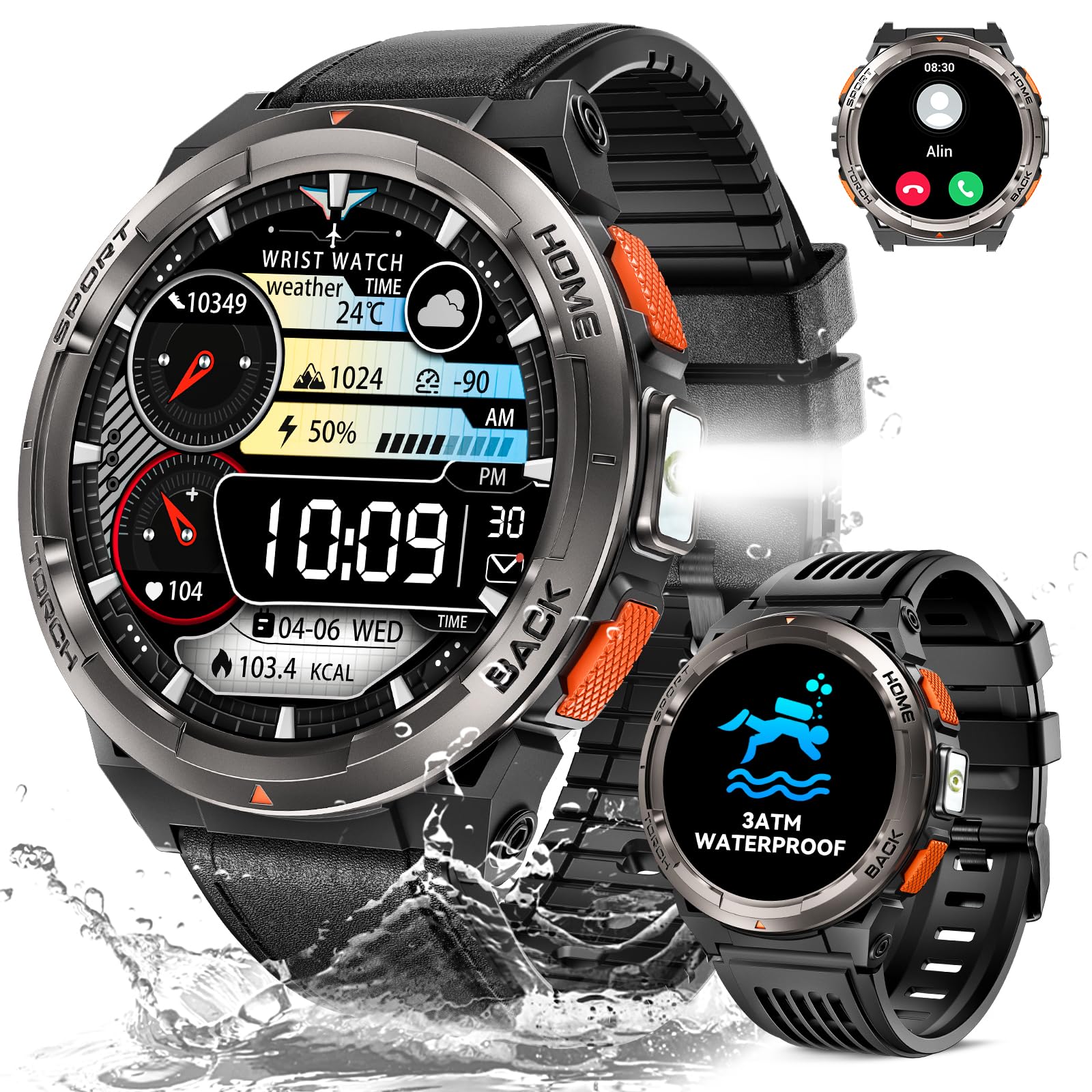 Men's Military Waterproof 3ATM Smartwatch with LED Flashlight, 1.45 Inches HD Rugged Smartwatch Watch with Bluetooth Calls, Sport Fitness Tracker with Compass, Altitude, Barometer, SpO2 for Android