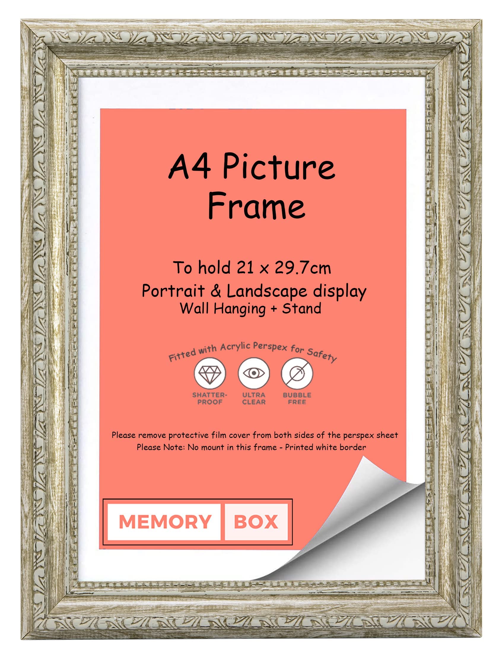 Memory Box Ornate Shabby Chic Picture/Photo/Poster frame with Real Glass - (21.0 x 29.7cm) Walnut A4