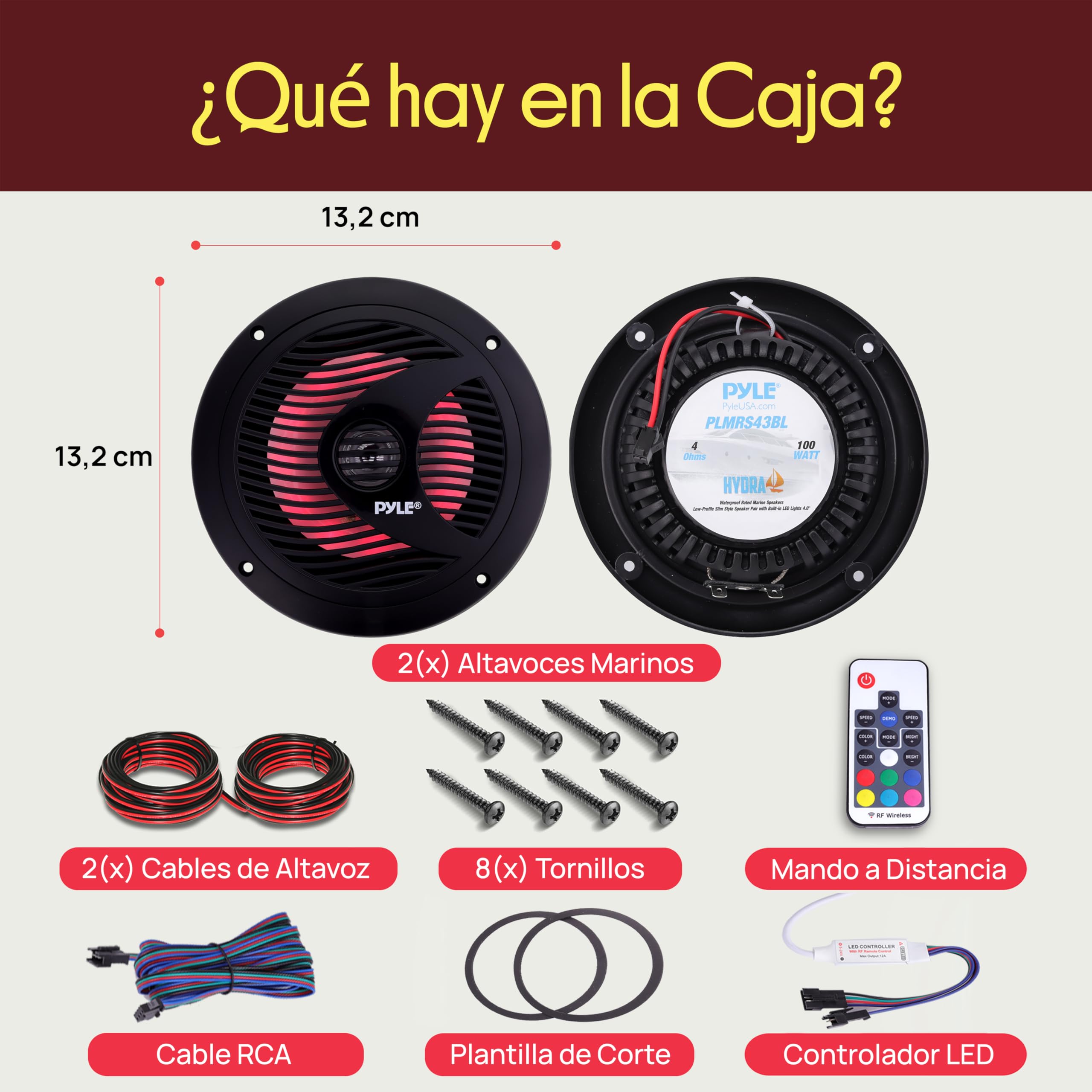 Pyle Altavoces duales, 6.5”, Resistentes al Agua y a la Intemperie, Estereo, Luces LED, 150W, Cono de Polypropylene