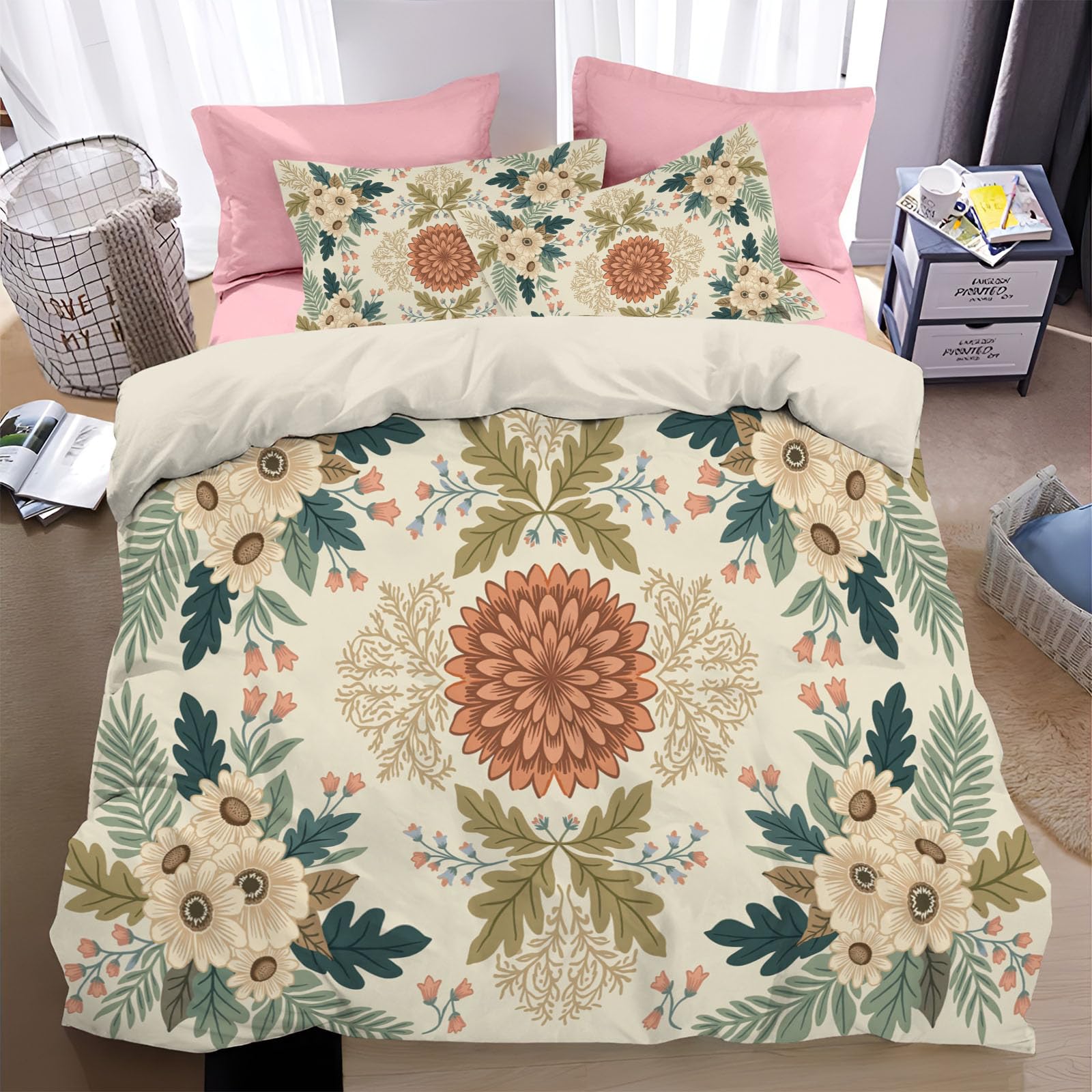 Funda Nórdica Cama 105 Crema,Juego de Cama de Impresión Delicado Estampado Floral Flores y Ramas Microfibra Suave Transpirable,Funda Edredón 200×200CM para Niños Niñas