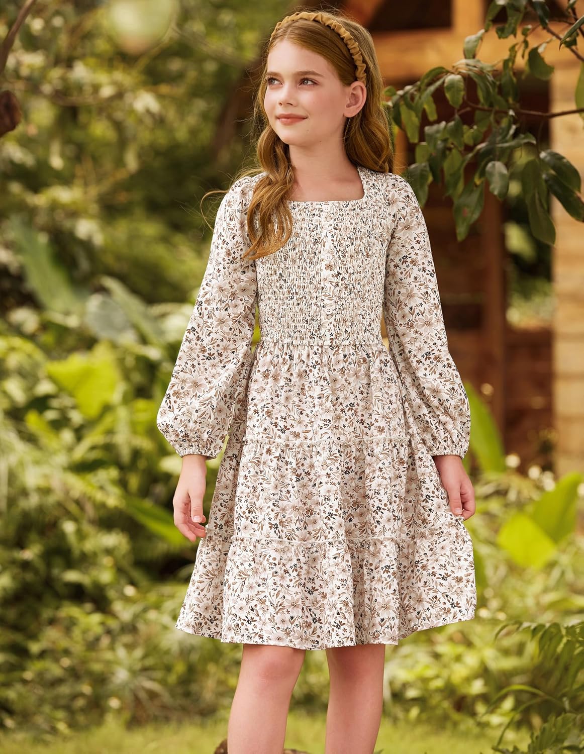 GRACE KARIN Girls Fall Long Sleeve Floral Square Neck Smock Tiered Casual Holiday Teen Dress Size 5-14 - Image 5