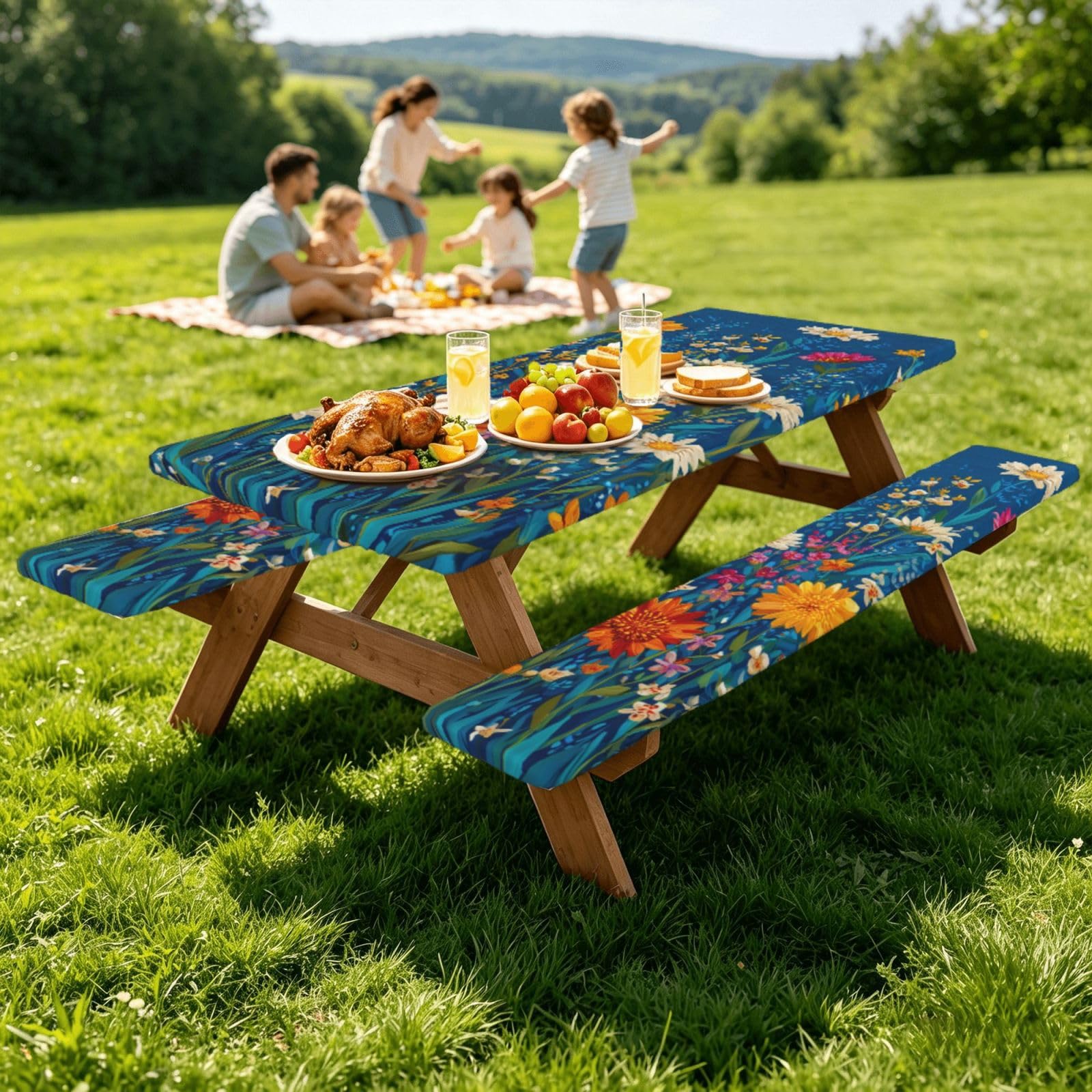 Nappe de pique-nique ajustée avec housses de banc, nappe élastique ajustée, imperméable, pour camping, extérieur, 183 cm