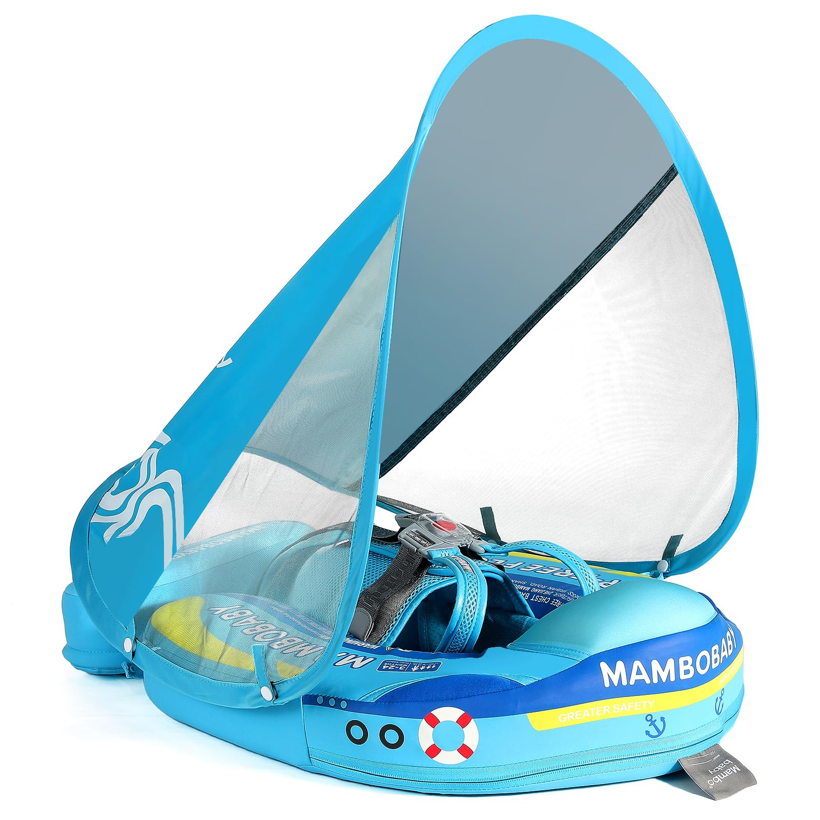 Mambobaby Float Add Tail No Flip Over Non-Inflatable Baby Swim Float Pearl Foam Solid Water Floats Smart Swim Trainer Infant Pool Float Swim Ring with Sun Canopy