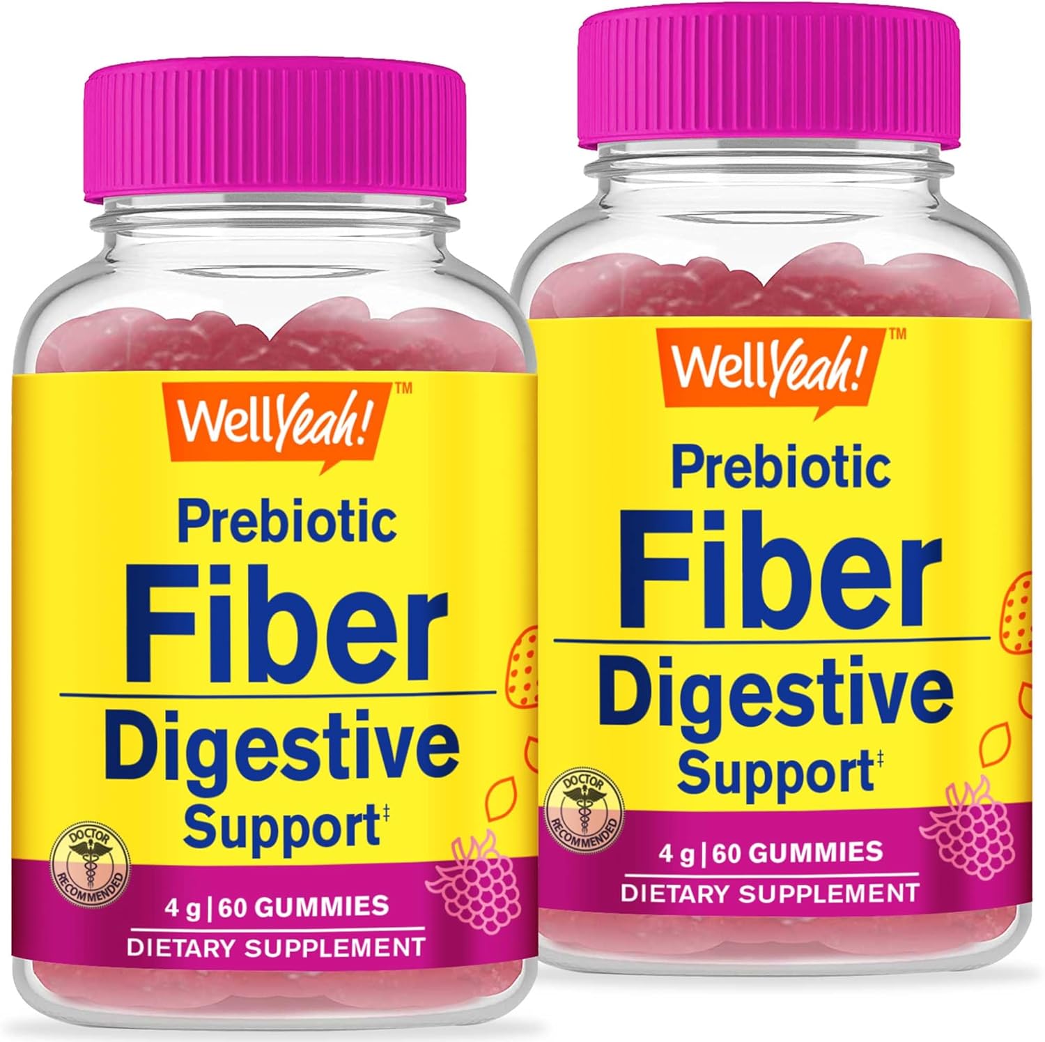 WellYeah Prebiotic Fiber Gummies (2 Pack)- Digestive System Support, Doctor Recommended, Can Help for Constipation - Vegan Friendly and Gluten-Free, GMO Free - Yummy Berry Flavors - 60 Gummies