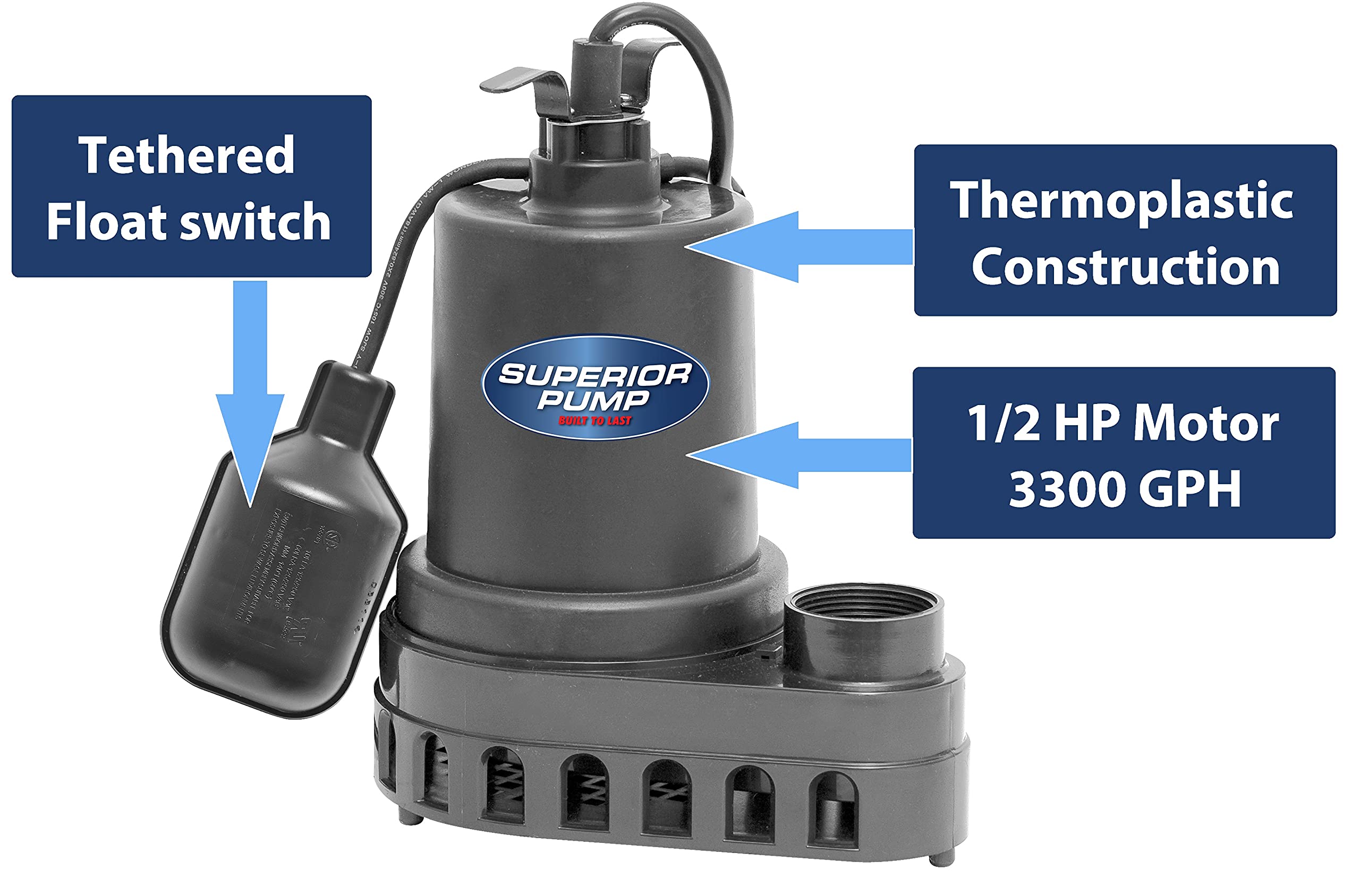 Superior Pump 92570 Bomba de sumidero sumergible termoplástica con interruptor flotante atado, 1/2 HP, negro