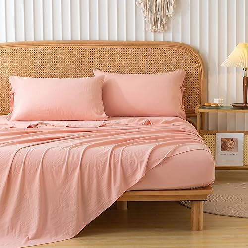 COTTEBED Juego de sábanas tamaño Queen, polialgodón lavado, ligero súper suave de fácil cuidado, aspecto antiarrugas vintage, juego de sábanas de 4