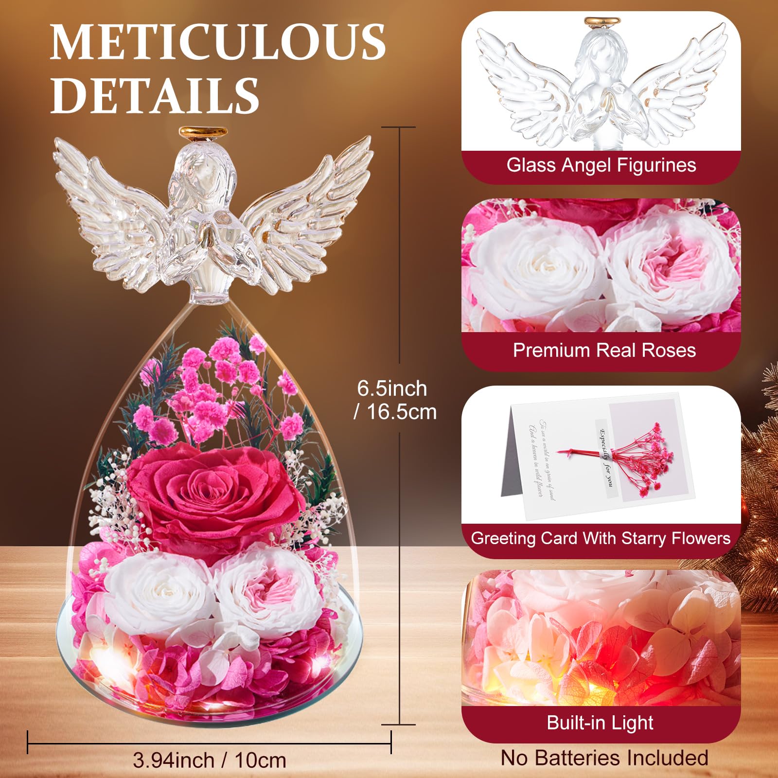 Regalos Originales para Mujer Día de la Madre, Rosa Eterna Flores Preservadas en Ángel Figura, Regalos para Mamá Madre Abuela Esposa Novia, Cumpleaños Navidad Acción de Gracias Aniversario, Rosa