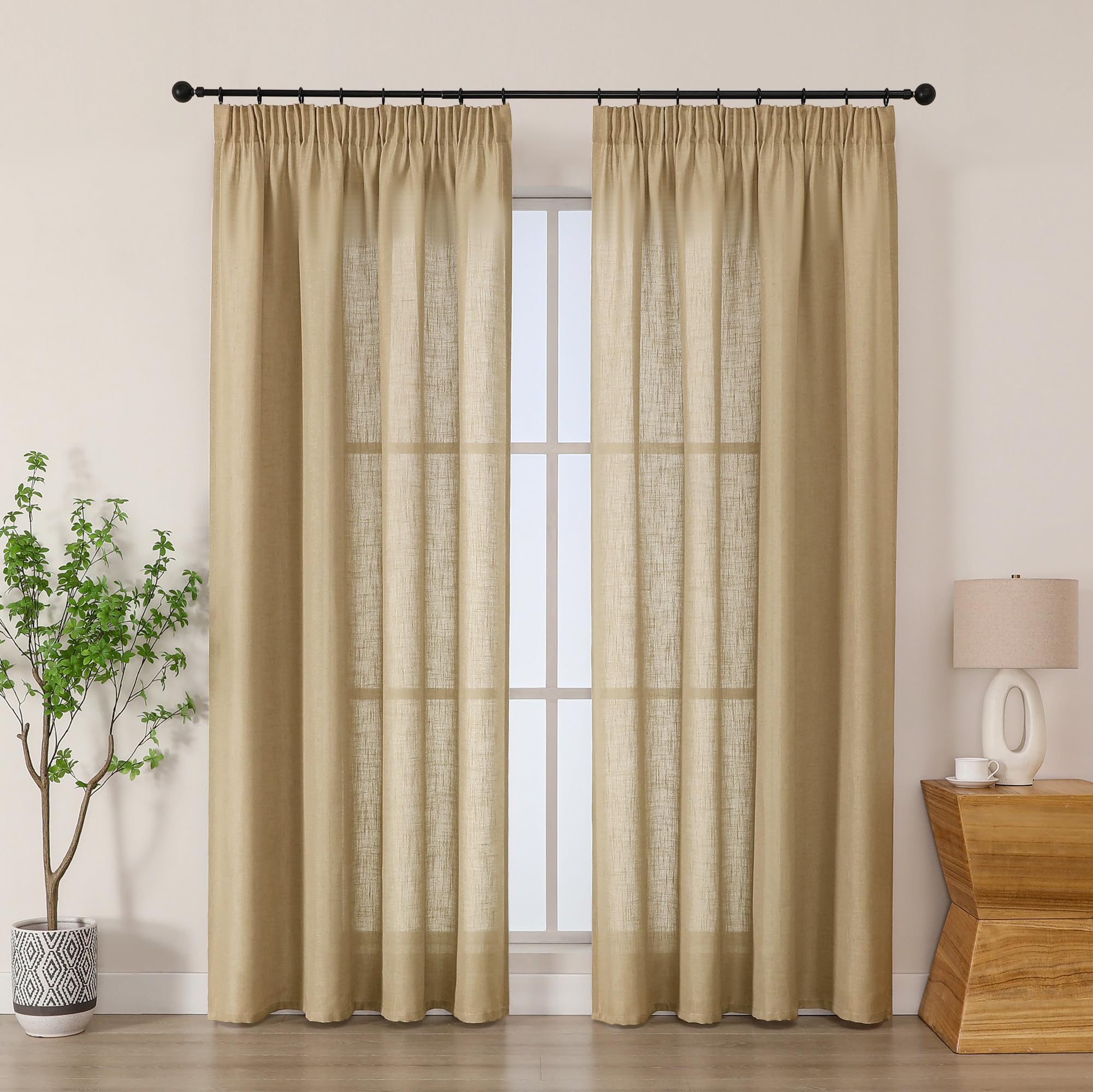 Simplebrand Linen Color Linen Blend Pencil Pleat Curtains, Light Filtering Semi-Sheer Textured Window Drapes for Privacy, 2 Panels for Bedroom, Living Room & Patio Door, W140 x L200 cm
