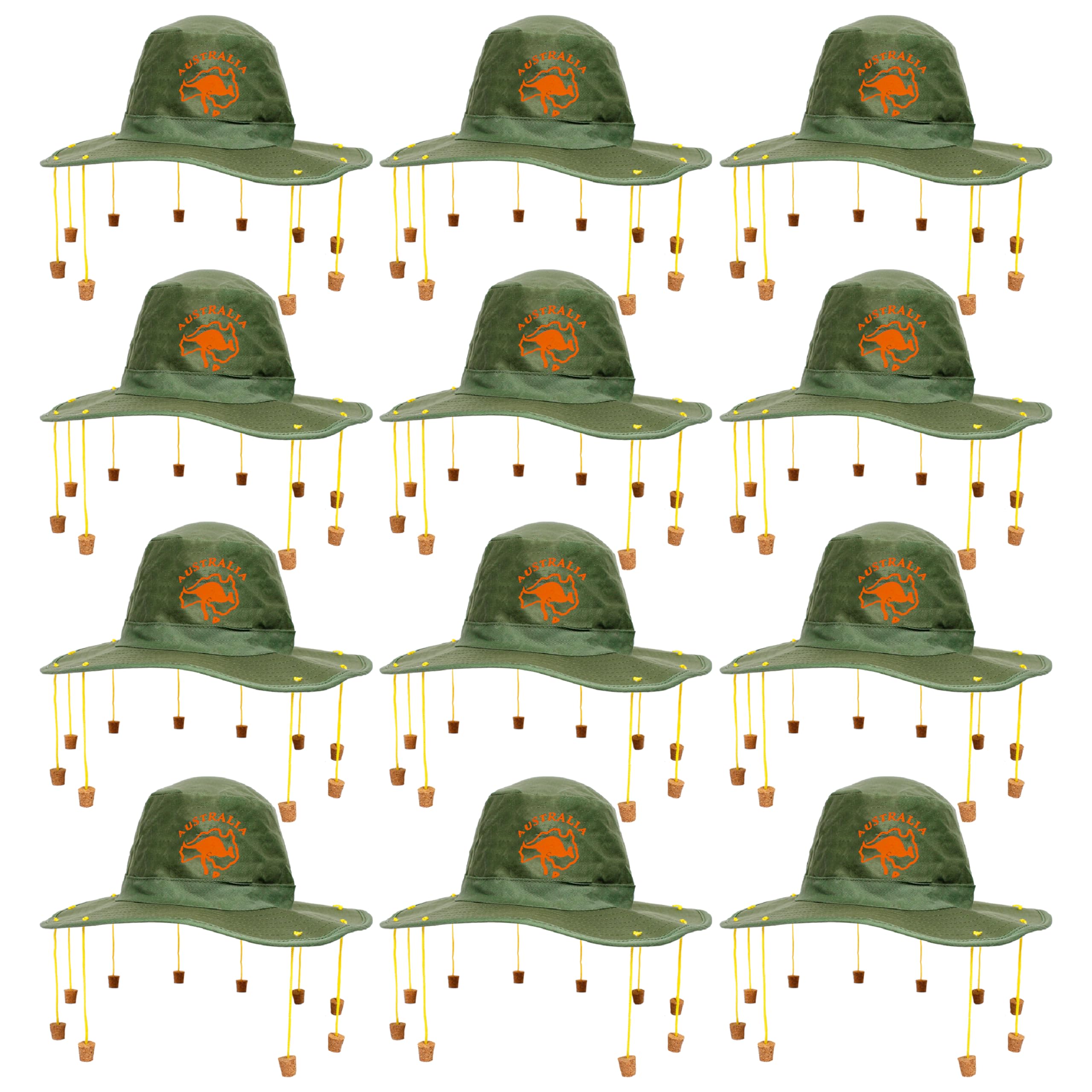 Australian Cork Hat - Pack of 12 - Green Hat with Orange Kangaroo Print and Attached Corks on Strings - Australia Day Fancy Dress Costume Accessory