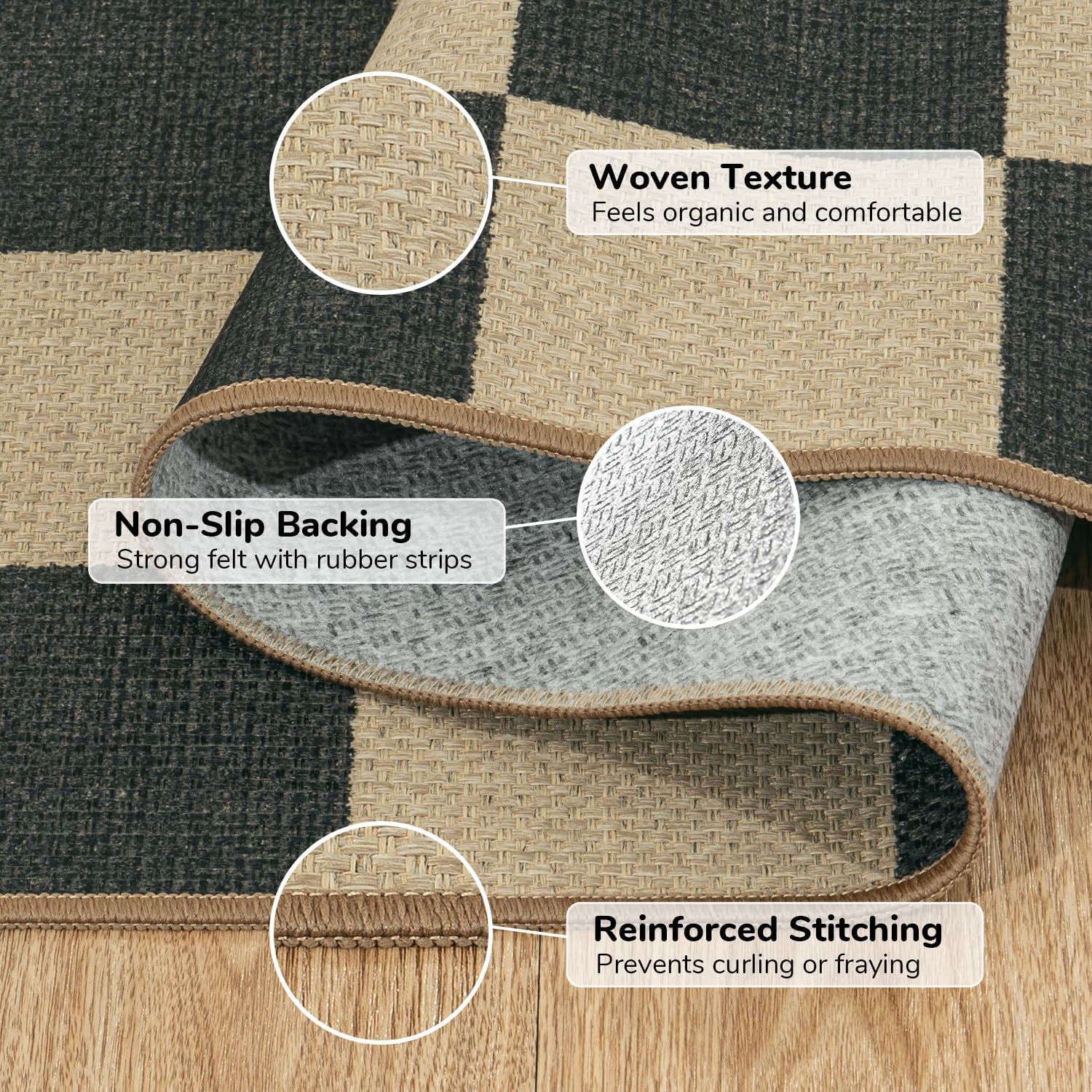 Lessymo Checkered Easy Jute Kitchen Rug, 2x3 Small Washable Rug Non Slip Front Door Mat, Geometric Area Rug Non Shed Outdoor Carpet for Porch Entryway Bathroom, Diamond Black/Beige