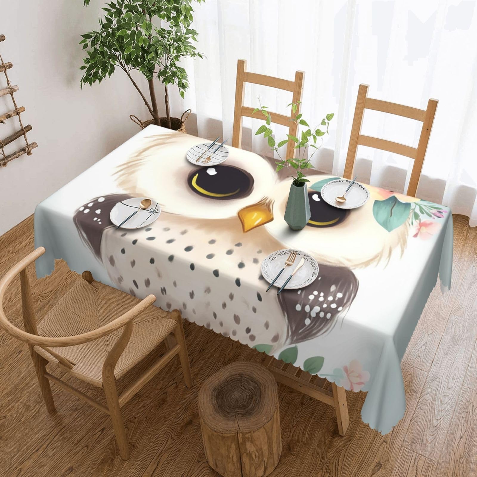 Fodpand Black Cute Owl With Flowers Tablecloths For Rectangle Tables 72 X 54 Inches - Reusable And Washable Table Clothes Decorative Table Cover For Dining Tables, Buffet Parties, Wrinkle Resistant