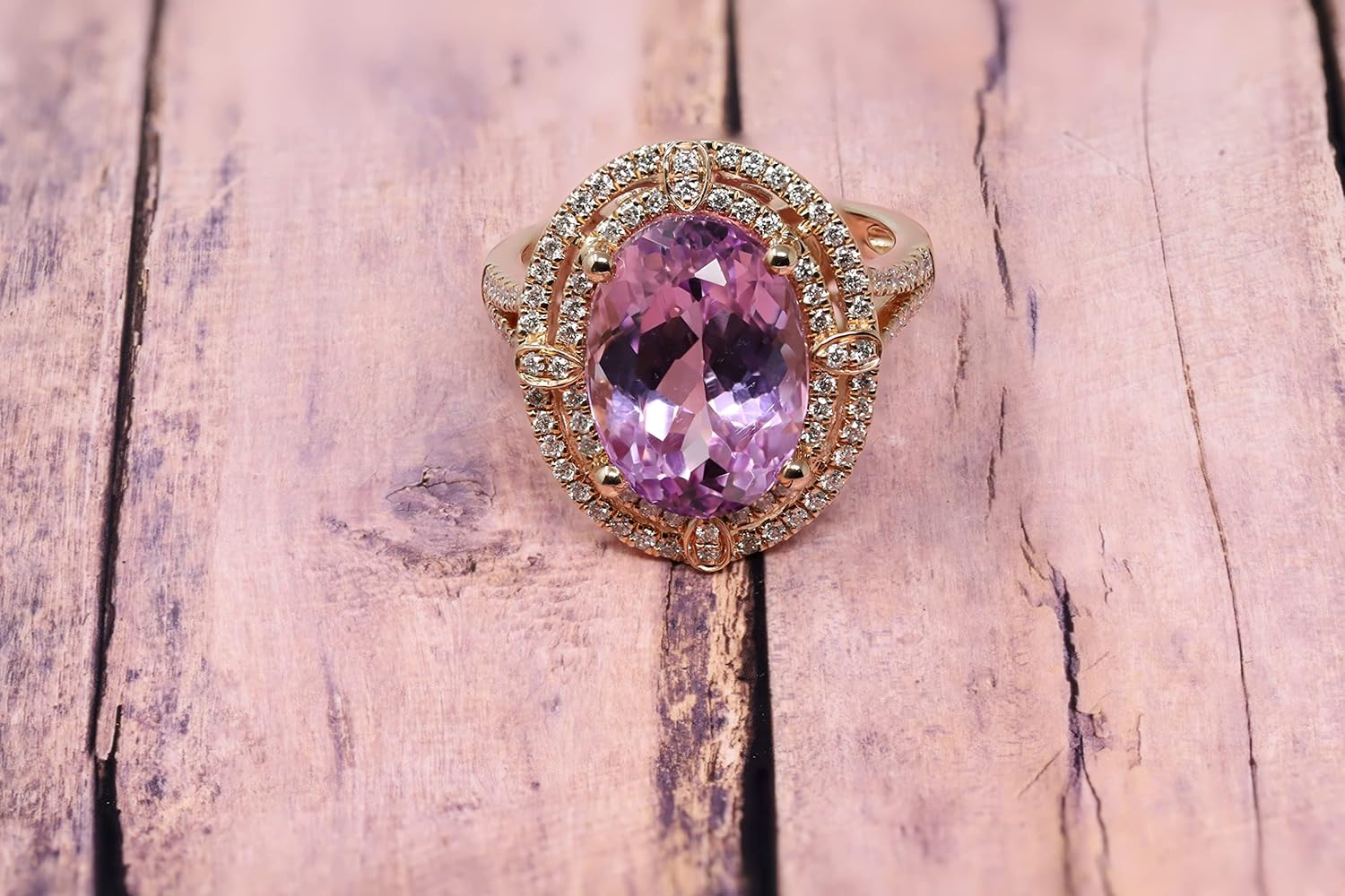 14K Rose Gold Genuine Kunzite 14x10 mm Oval, Diamond Double Halo Ring, Size 7 - Image 2