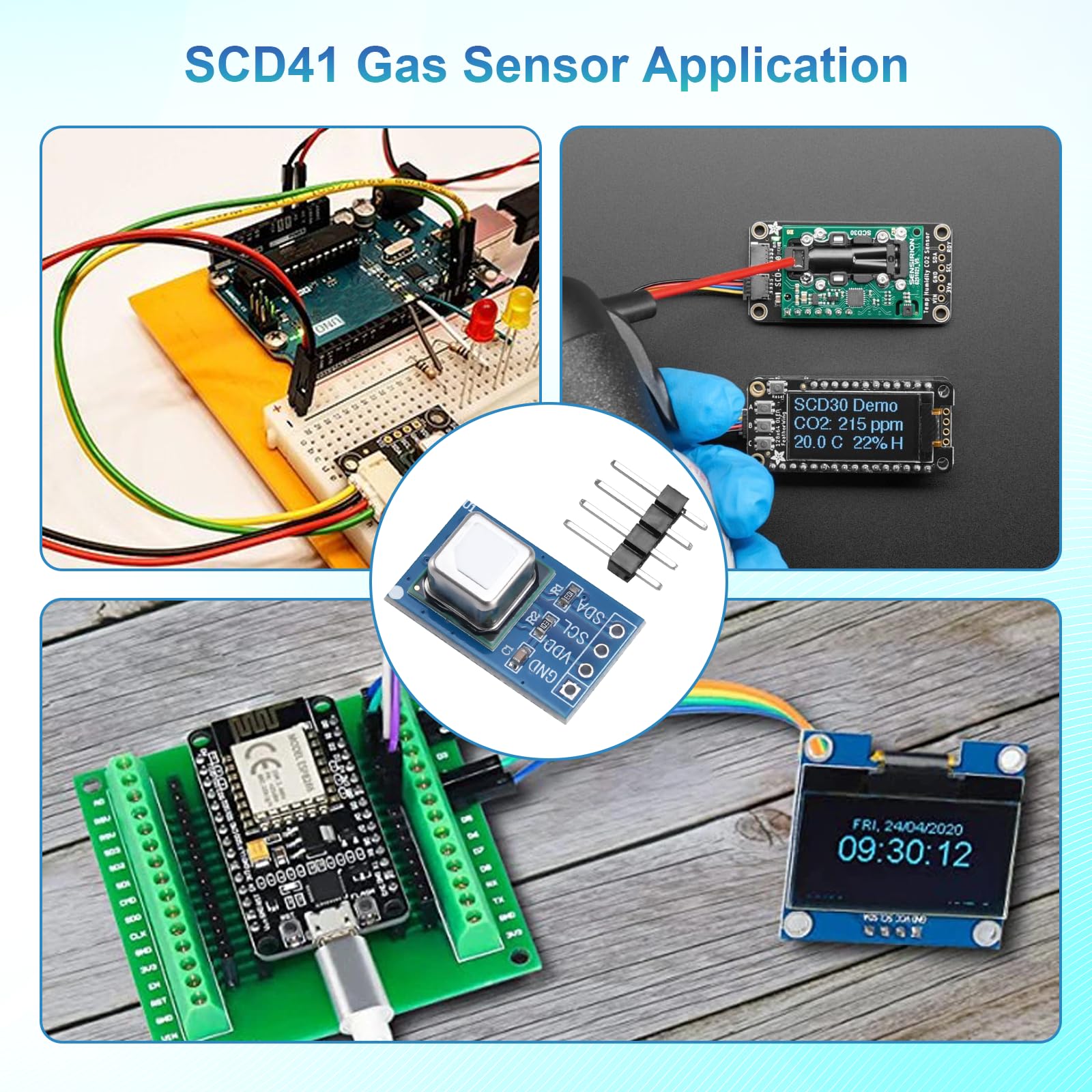 SCD41 Módulo Sensor de Gas Binghe SCD41 CO₂ Sensor Módulo Detección de CO₂ Dióxido de Carbono 2-in-1 Temperatura y Humedad 2.4-5.5V 400-5000PPM con Comunicación I²C