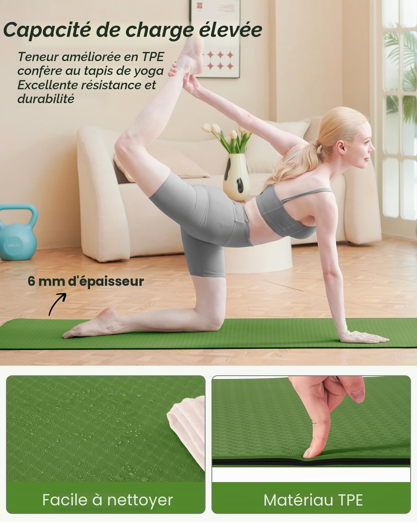 Oak & Tea Tapis de yoga tapis de yoga épais antidérapant pour homme/femme tapis d'exercice pour la gym à la maison avec sangle de transport méditation pilates 183 x 61 x 0.6 cm