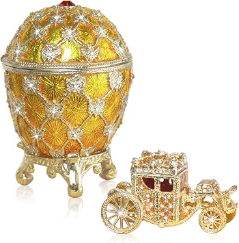 Decorative Easter Coronation Egg Replica set, Yellow, 3.5 inch | Hand Painted, Unique Carriage Trinket Box, with Gift, Home Decor