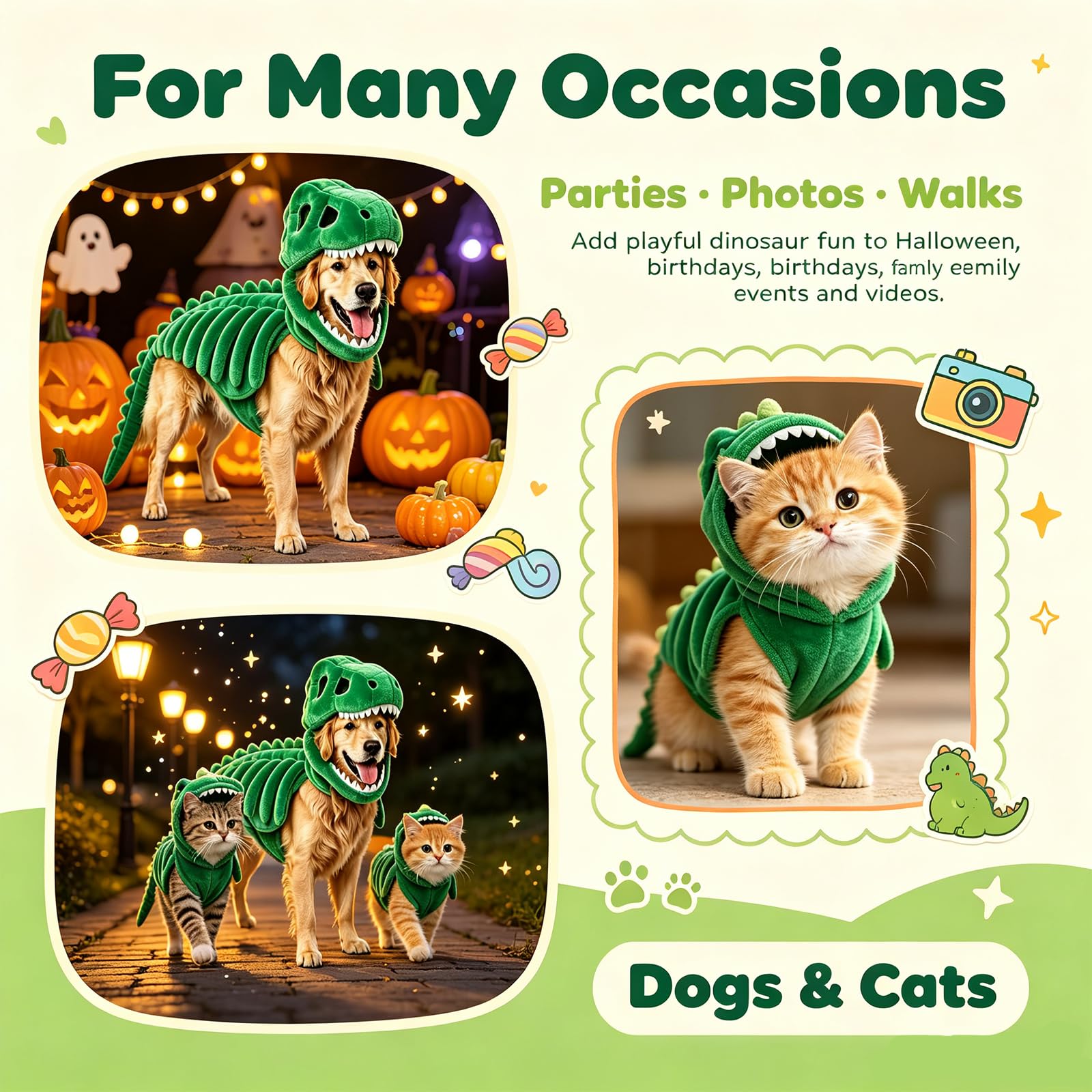 Dinosaurier Kostüm Hund Halloween, Leuchtendes Skelett Haustier Kostüm für Hunde und Katzen, Plüsch Drachen Kapuze Outfit, Lustige Tierbekleidung für Halloween Party, Fotos und Geschenke，D：120 cm