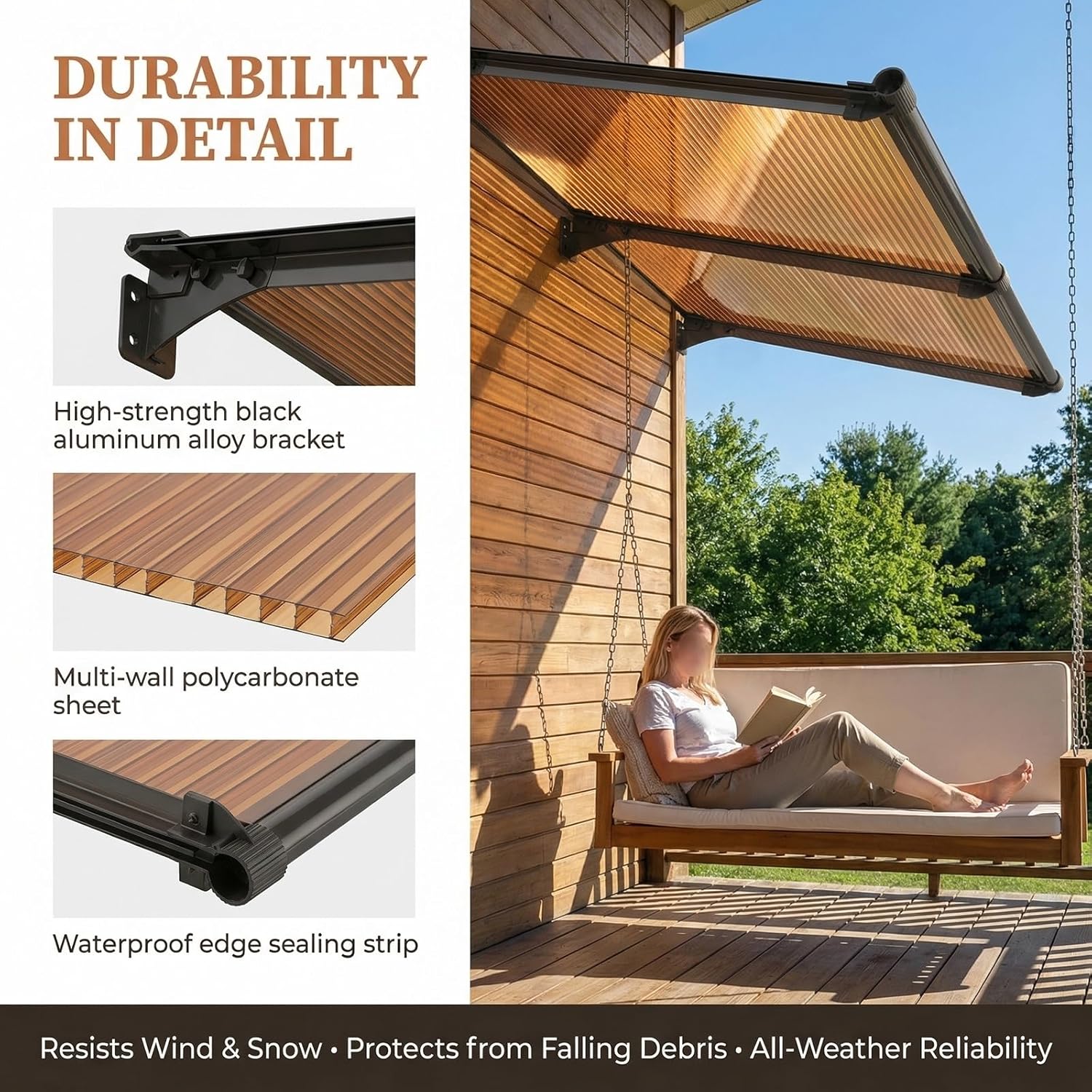 Outdoor Patio Awning for Door Entry - Polycarbonate Canopy for Snow & Rain Protection, Waterproof Balcony Awning, 130x160cm (51x63in) - Durable & Stylish Design