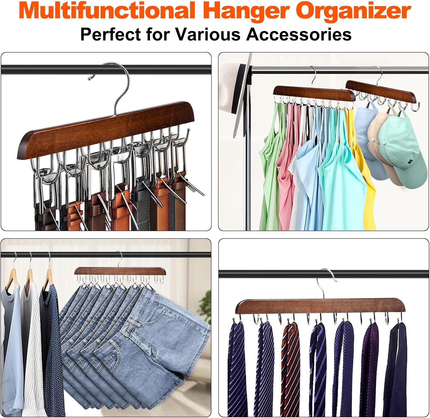 2 Pack Bra Hanger, Wooden Tank Top Hangers with 14 Foldable Hooks, Bra Hanger for Closet Organizer，Premium Wooden Space Saving Hangers Closet Organizers and Storage for Dorm & Apartment (Brown)