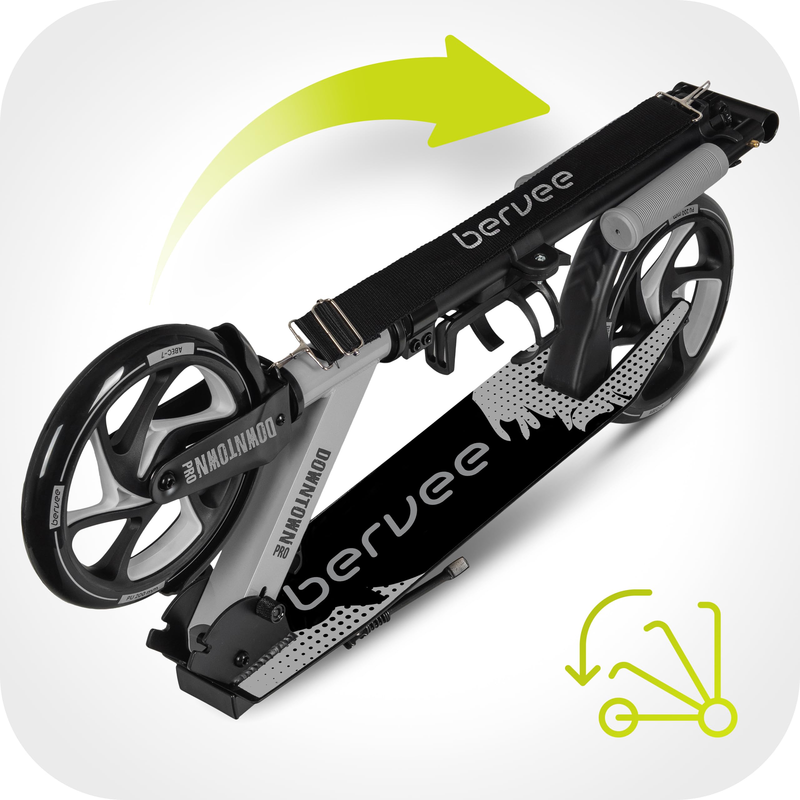 Bergen City Scooter Downtown, składana, lekka, 3,3 kg, aluminium, duże koła 200 mm, z regulacją wysokości, hulajnoga dla dzieci od 6 lat, młodzież, dorośli do 100 kg