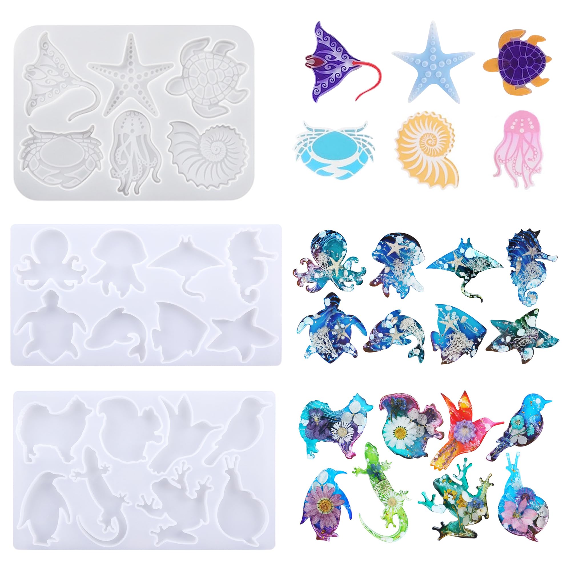 Attuslla Resin Molds Silicone, 3 PCS Sea Animal Epoxy Resin Molds Frog Lizard Snails Silicone Resin Moulds 3D Lifelike Silicone Molds for Epoxy Resin,