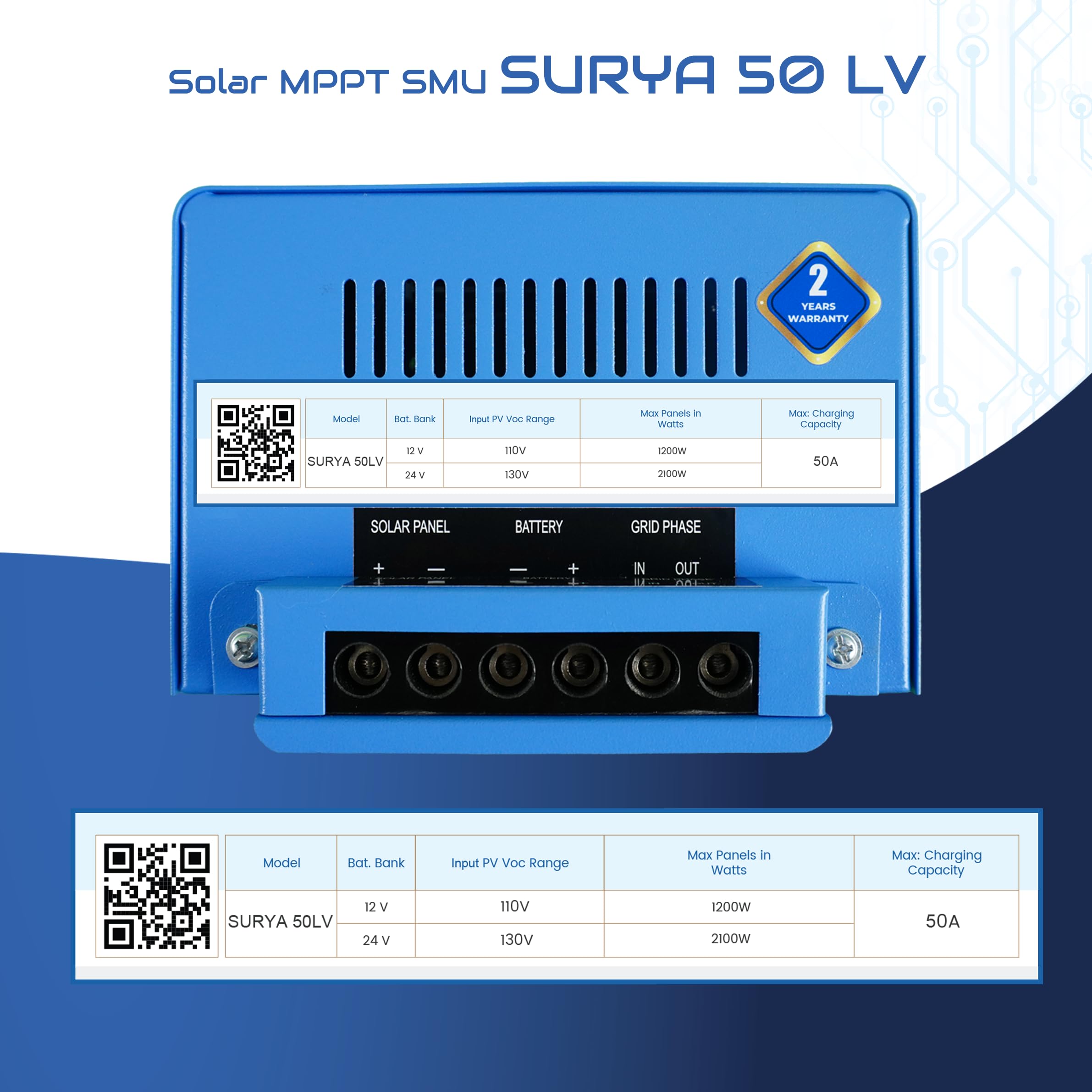 ASHAPOWER Surya 50 (LV) Solar MPPT Charge Controller with SMU | 12V/24V, 50A : Max. Voc 130V, Max. Wattage 2100W | High-Efficiency Solar Power Management. - Image 2 thumbnail