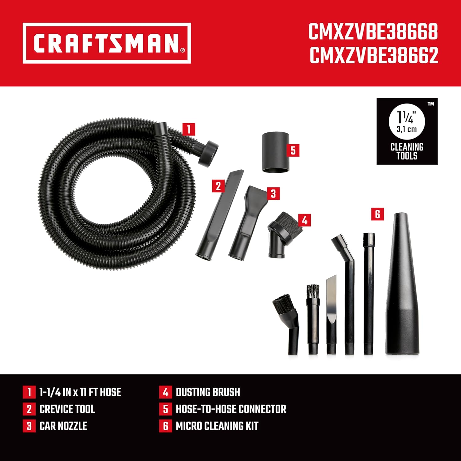 CRAFTSMAN CMXZVBE38662 1-1/4 in. Car Cleaning Wet Dry Shop Vacuum Attachment Kit CMXZVBE38668 1-1/4 in. 6-Piece Micro-Cleaning Wet Dry Vac Attachment Kit