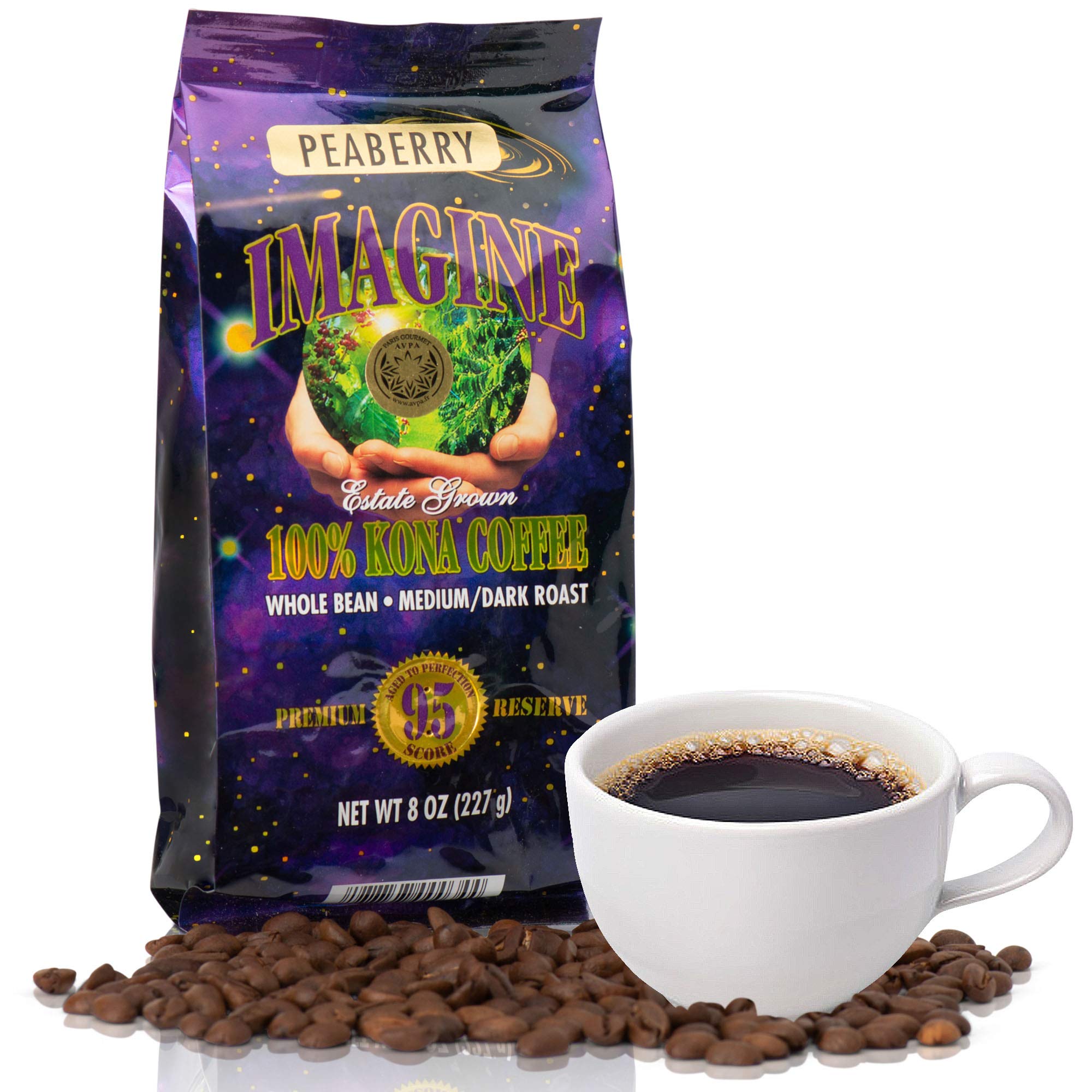 Imagine Kona Peaberry Rare Coffee Beans | Top Grade Air Roasted | Medium Dark Roast - 8 ounce