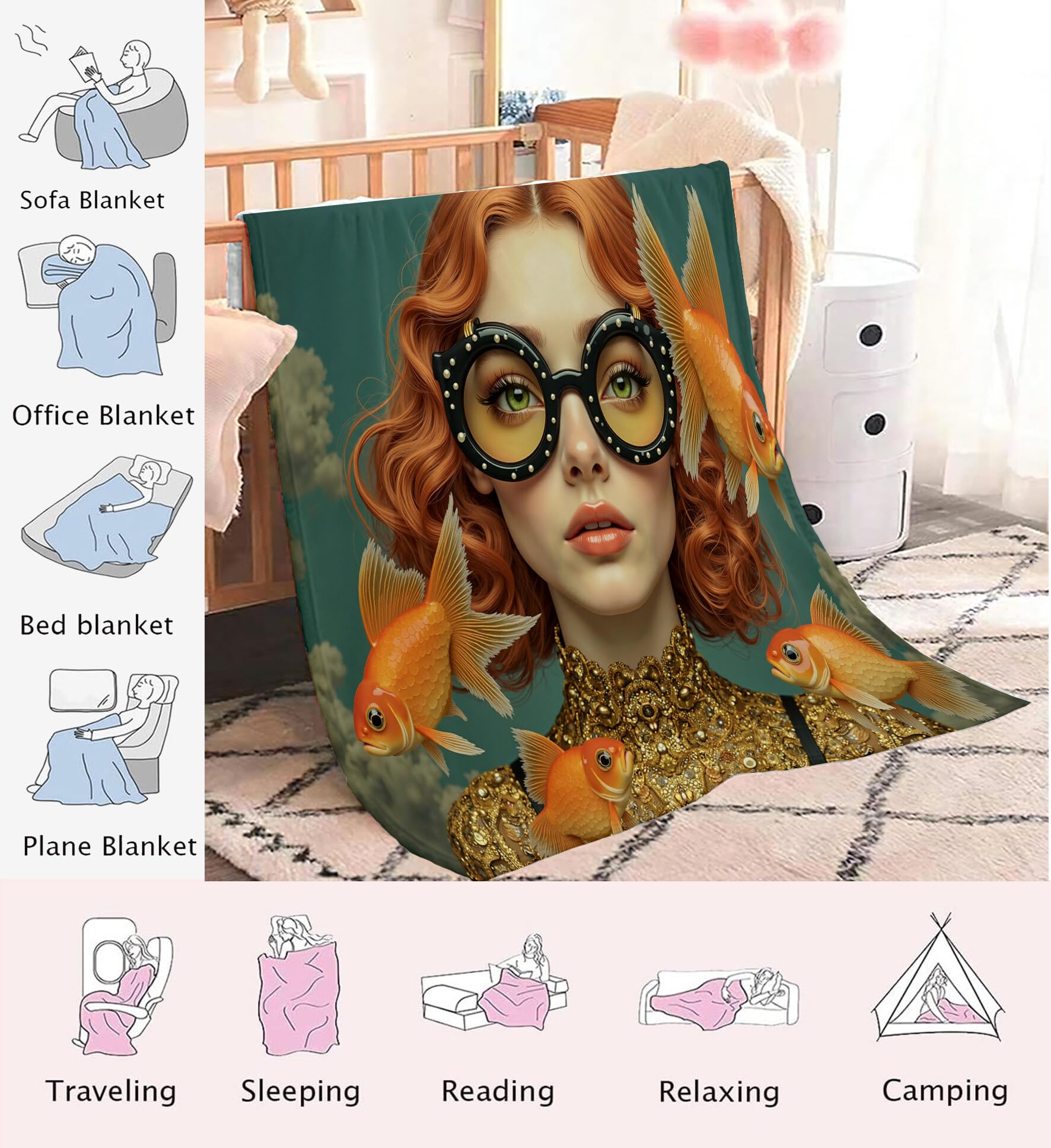 Coperta Letto 220X240Cm Rosso Donna Pesce Rosso Coperte In Pile Personaggi Di Fantasia Per Letto Divano Esterno Auto Viaggi Campeggio Viaggi E Adatto Anche A Animali