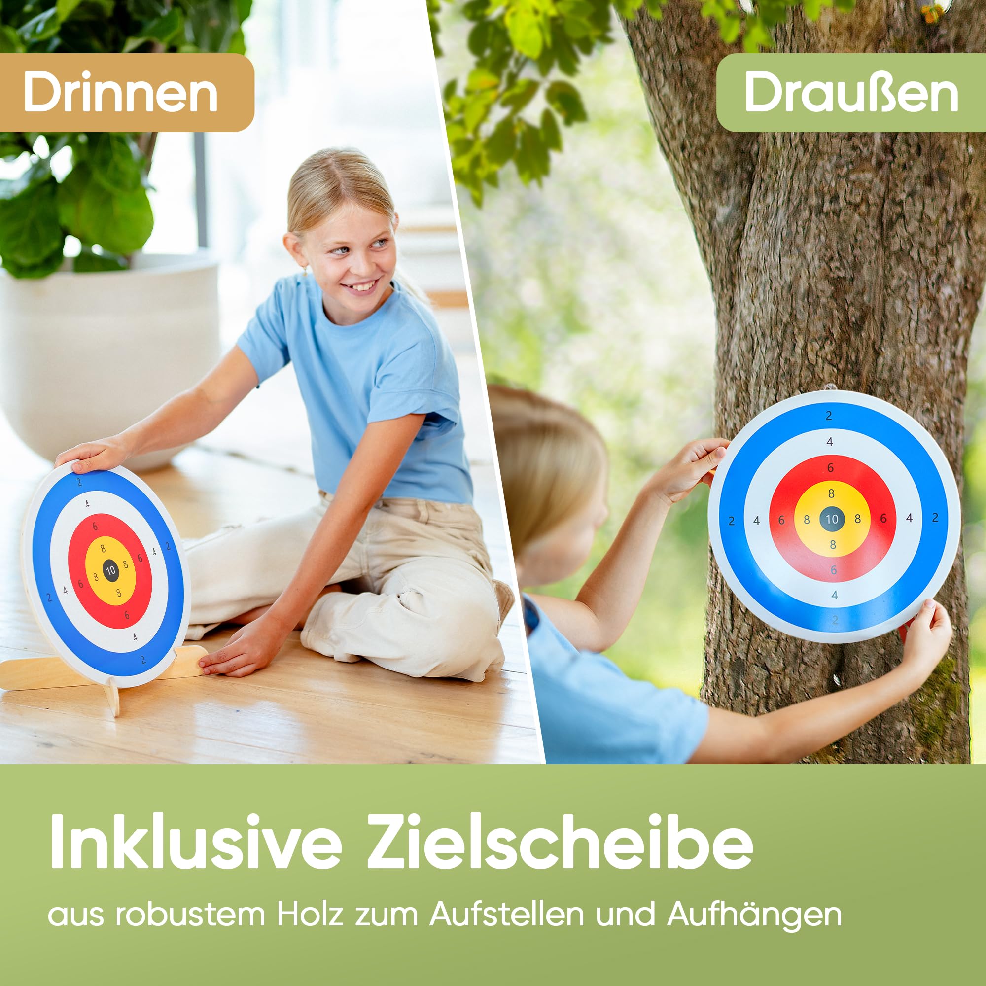 BOWRILLA® Pfeil und Bogen Kinder Holzspielzeug Set mit 6 Saugnapf-Pfeilen, Zielscheibe aus Holz und Köcher | Bogenschießen Kinder Spielzeug für Indoor- und Outdoor Spiele ab 3 Jahren