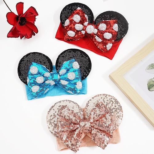 Miniatura 7 de 3 diademas grandes con orejas de ratón para bebé y niña, con lazo de lentejuelas, banda ancha de nailon turbante, diadema de parque temático,