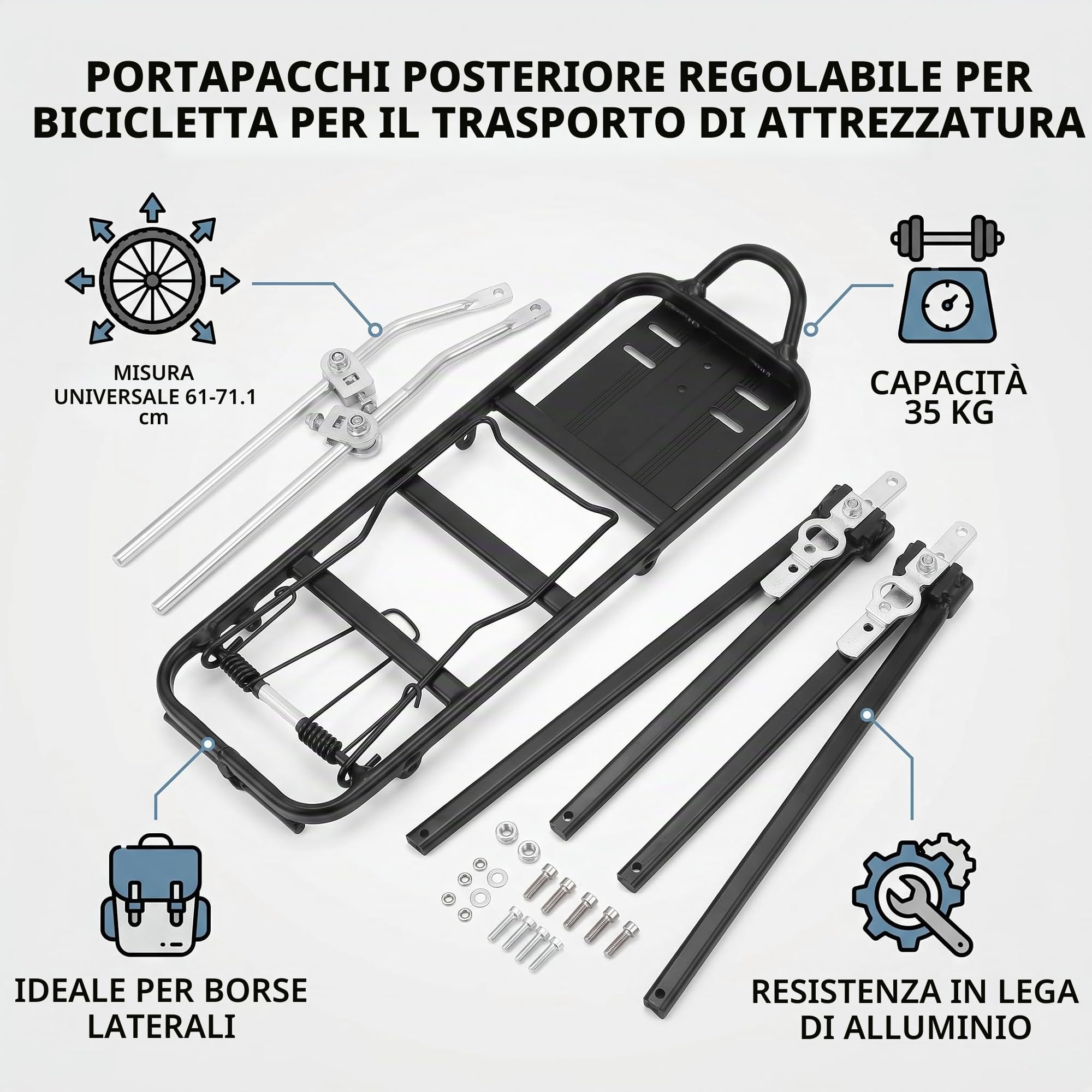 Portapacchi Posteriore per Bicicletta, Regolabile in Lega di Alluminio per Biciclette da 24, 26 e 28 Pollici