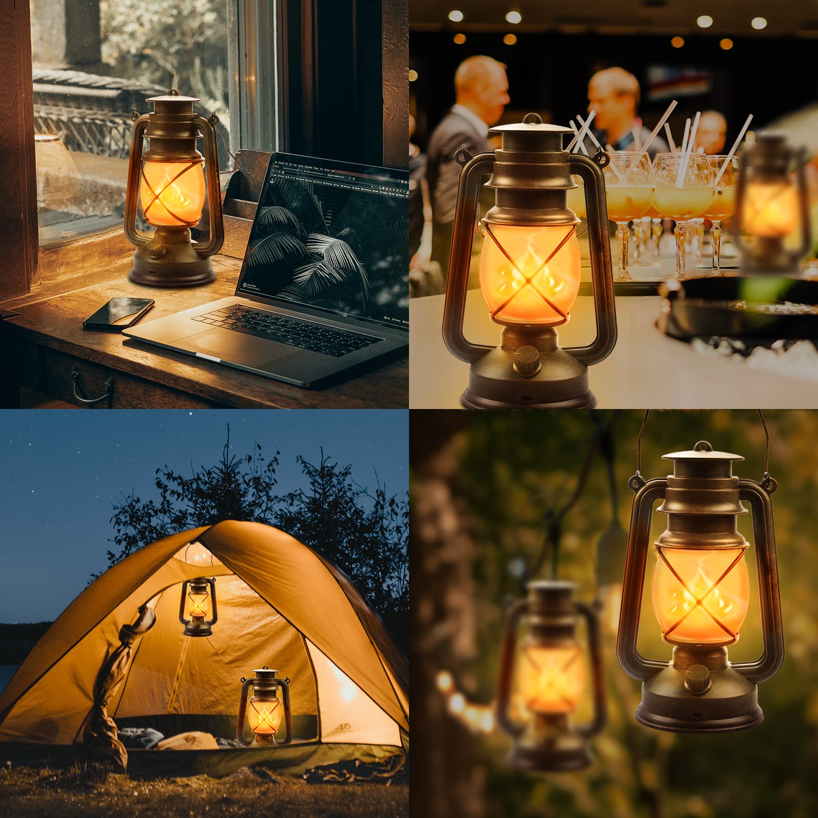 Lanterna da Esterno Vintage, Interno LED Lanterne da Giardino Sospensione con Telecomando 4 Modalità Luci LED Lanterne Alimentata Batteria con Effetto Fiamma per Giardini, Terrazze, 2 Pezzi