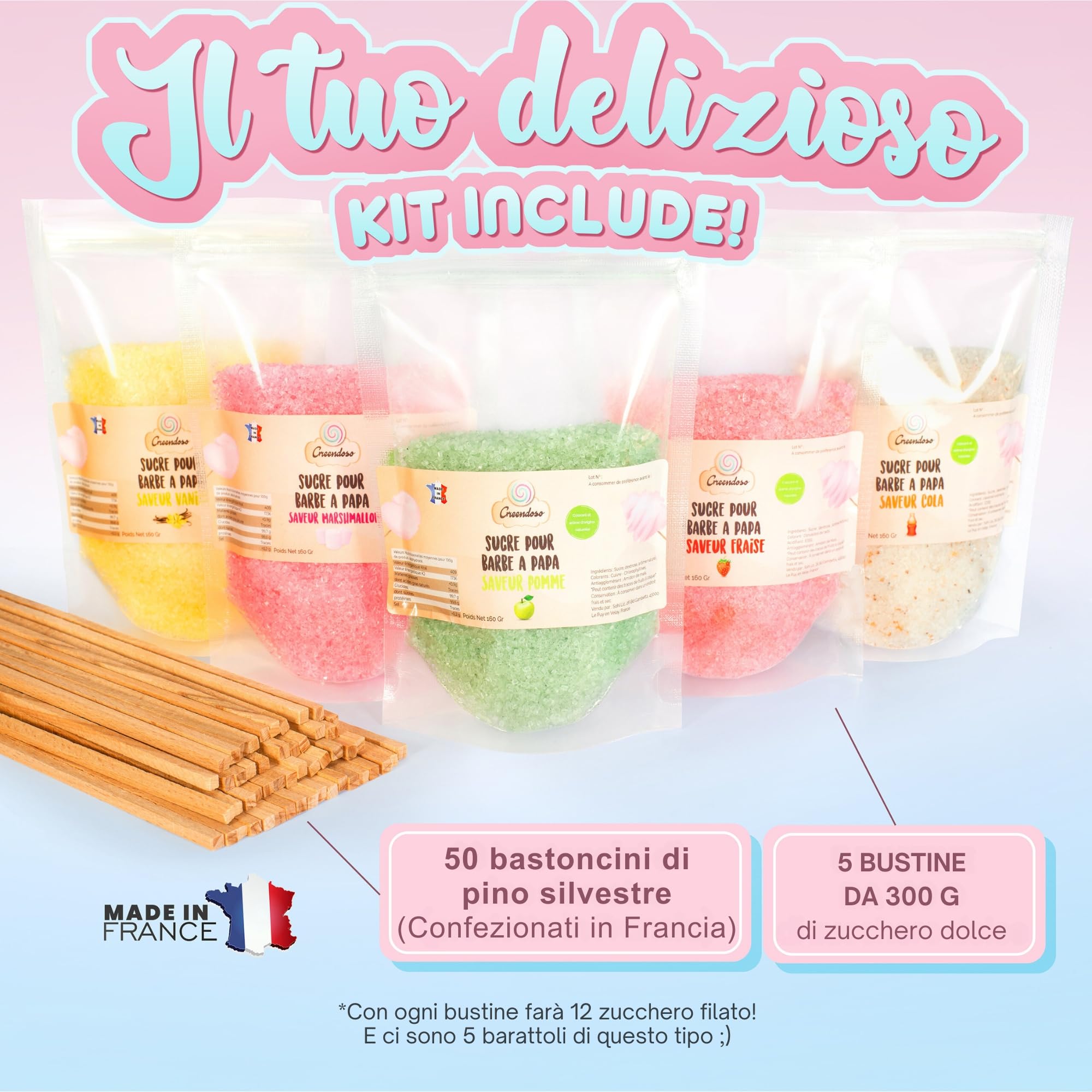 GREENDOSO® Zucchero per Zucchero Filato (5x300 gr) - Set di 5 Gusti (Fragola/Cola/Mela/Marshmallow/Vaniglia) - Aromi e Colori Naturali - 50 Bastoncini