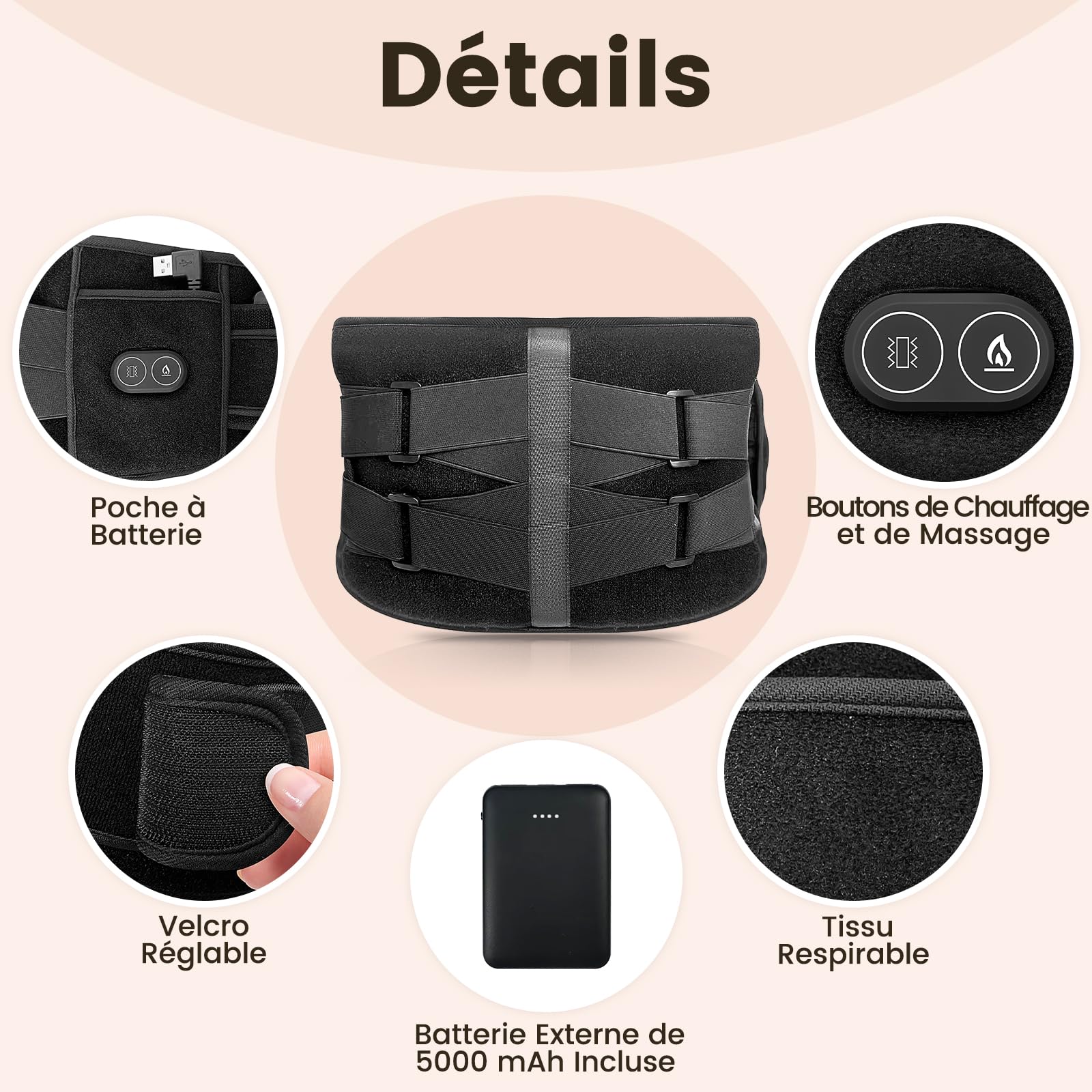 AROMA SEASON Ceintures chauffantes, massage par vibrations alimenté par batterie, coussins chauffants pour le dos avec dispositif de massage et arrêt automatique, chauffe-dos sans fil
