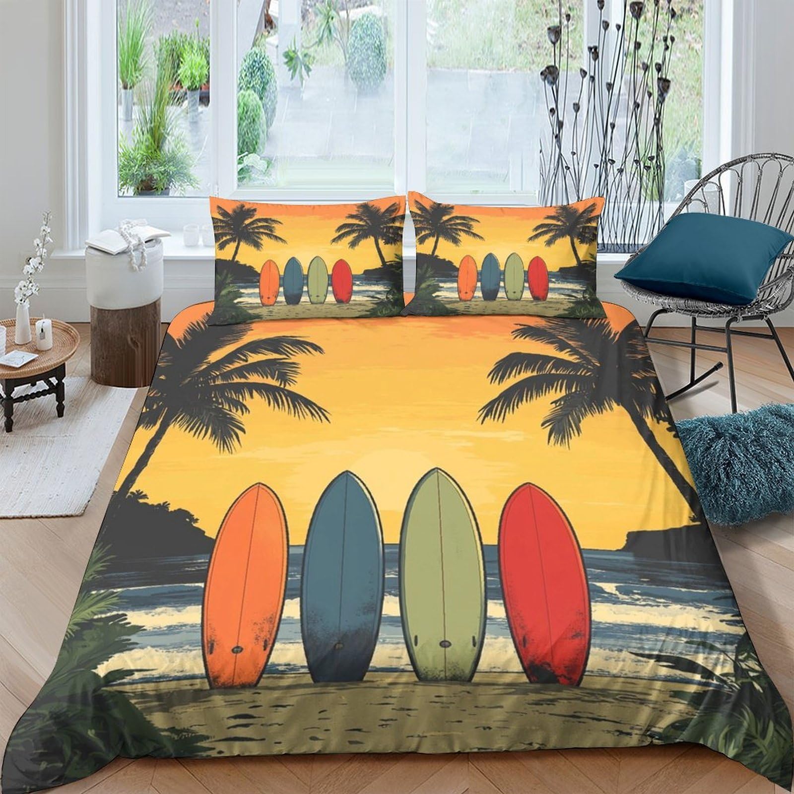 Ctjqhvkz Style-5 3D Printed Sunset Beach Fitted Sheet Microfiber Soft Breathable Palm Surfboard Mattress Cover For Bedroom Dorm Decor Single（135X200cm）