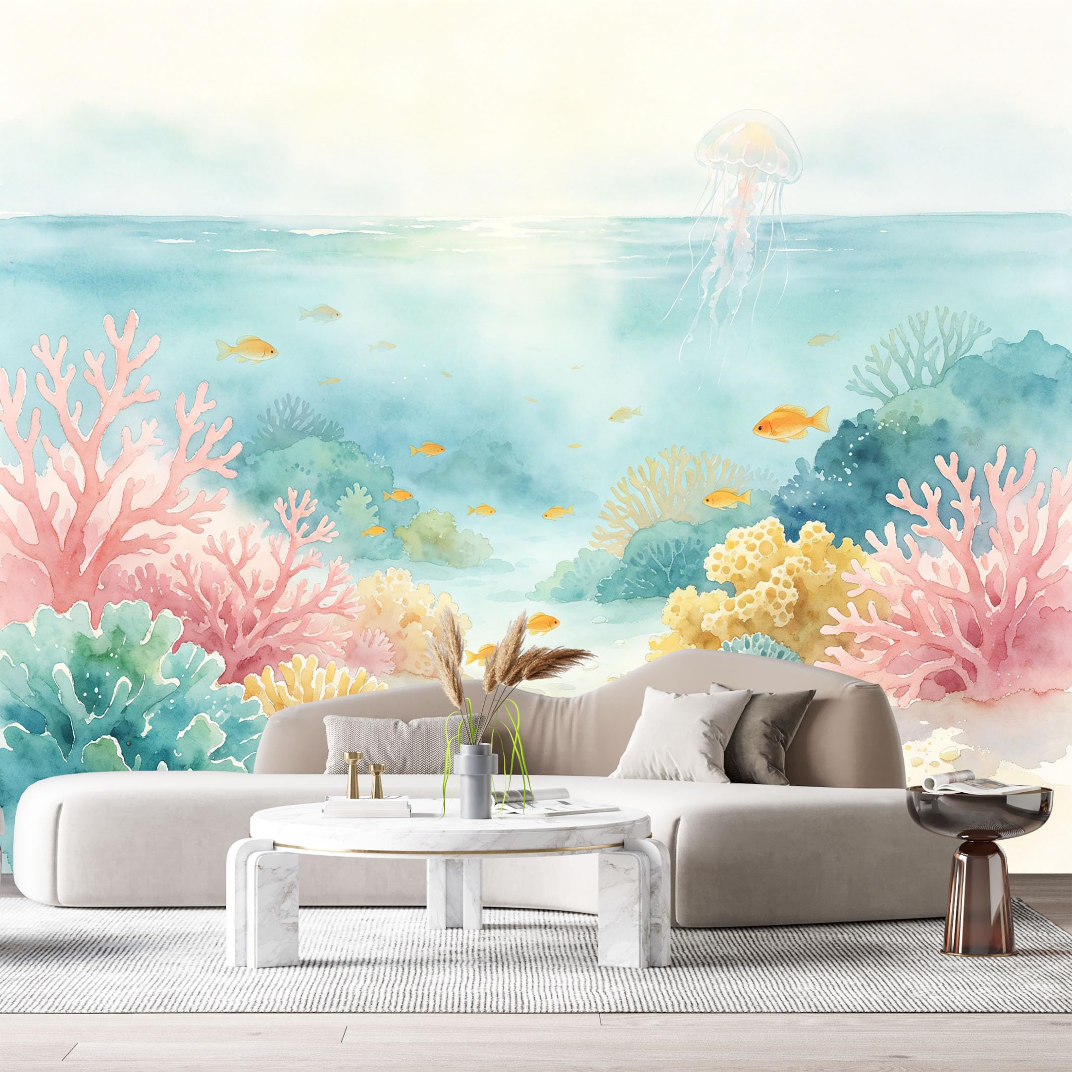 Custom Size Wall Murals Ocean Marine Watercolor Jellyfish Coral Reef SelfAdhesiveWall Fabric Removable Wallpaper Wall Decor for Living Room Bedroom Bathroom