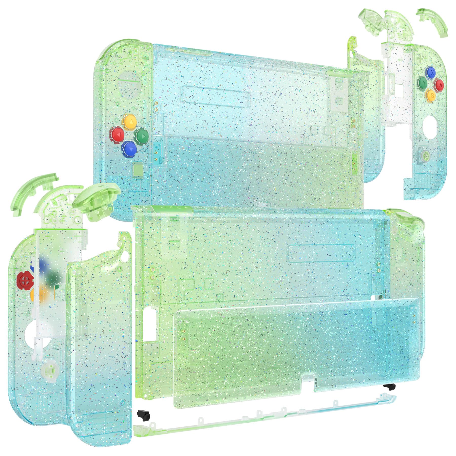 eXtremeRate Coque Complète de Remplacement avec Bouton pour Nintendo Switch OLED, Coque avec Bouton avec Support pour PC Personnalisé pour Nintendo Switch OLED, Transparent Bleu Vert