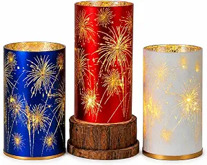 Patriotic Red White Blue Celebration Hurricanes 3 Pack - Firework Starburst Etched Lanterns for Independence Day, Weddings & Holidays
