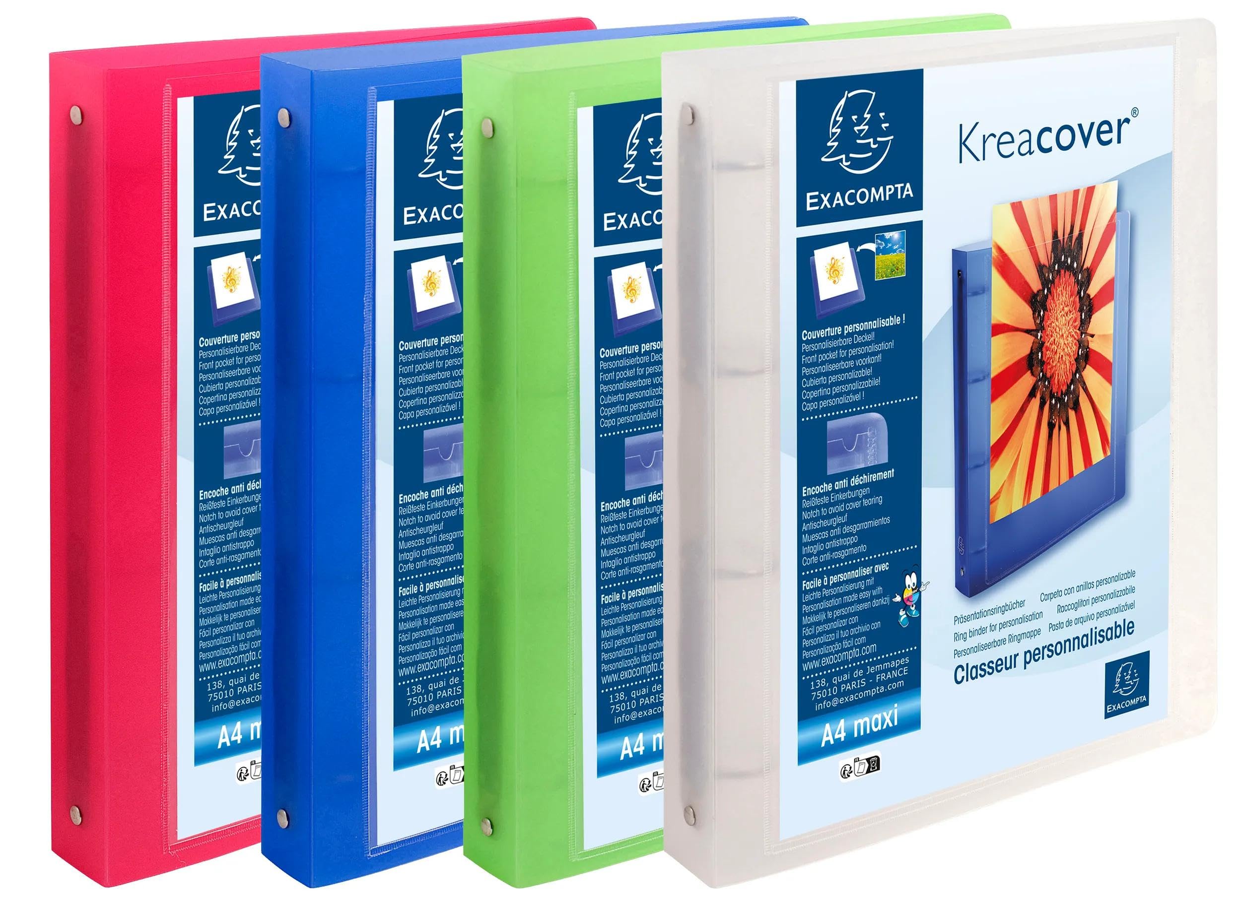 ExacomptaKreacover Chromaline PP Rigid Cover Ring Binder, A4+, 40 mm Spine, 4 Rings - Assorted Colours, Pack of 12