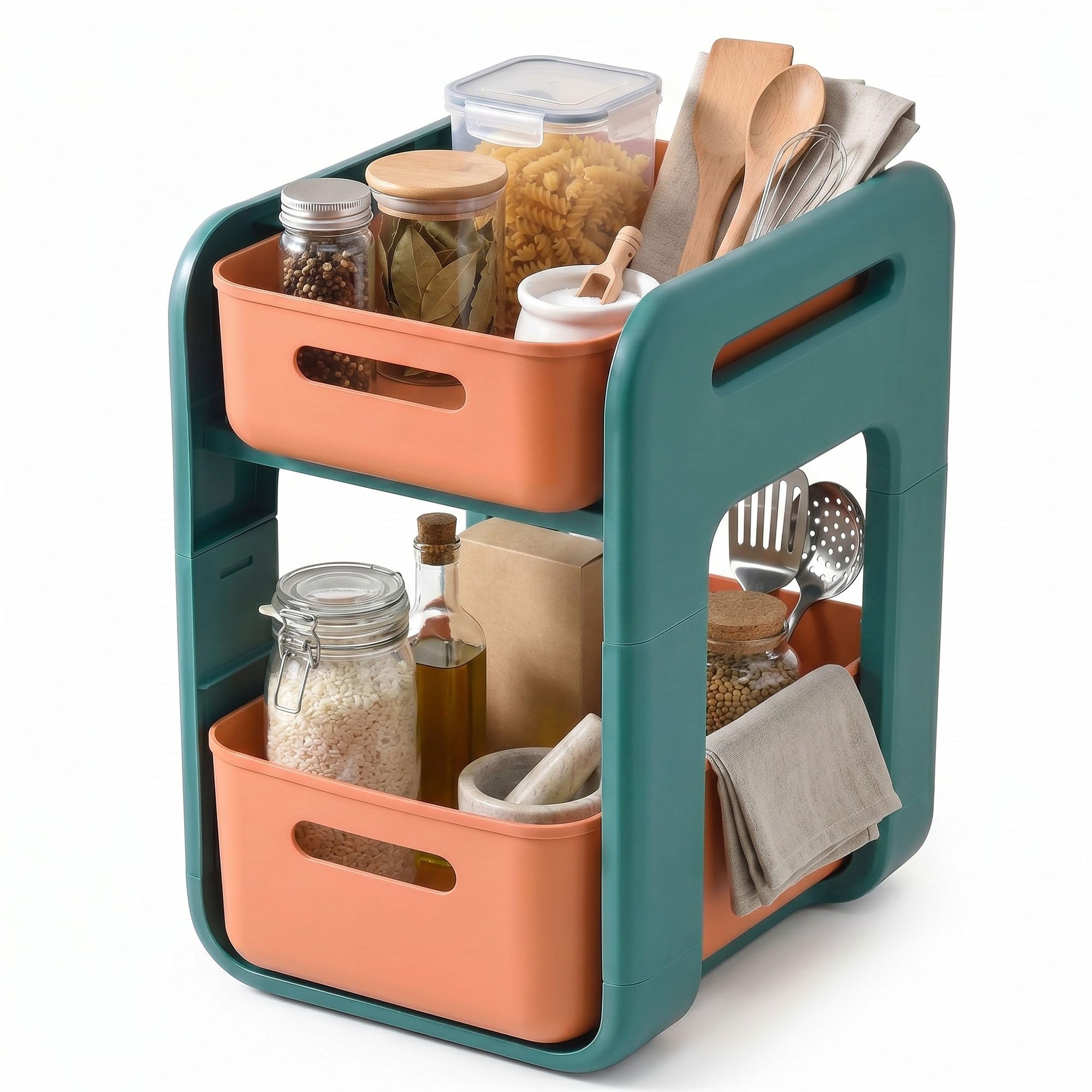 EcoFirst 2 Tier Under Sink Storage Organiser with Pull Out Sliding Baskets, Stackable Cabinet and Cupboard Shelf for Kitchen, Bathroom, Pantry and Laundry Room, Space Saving Rack, Green/Orange, Tall