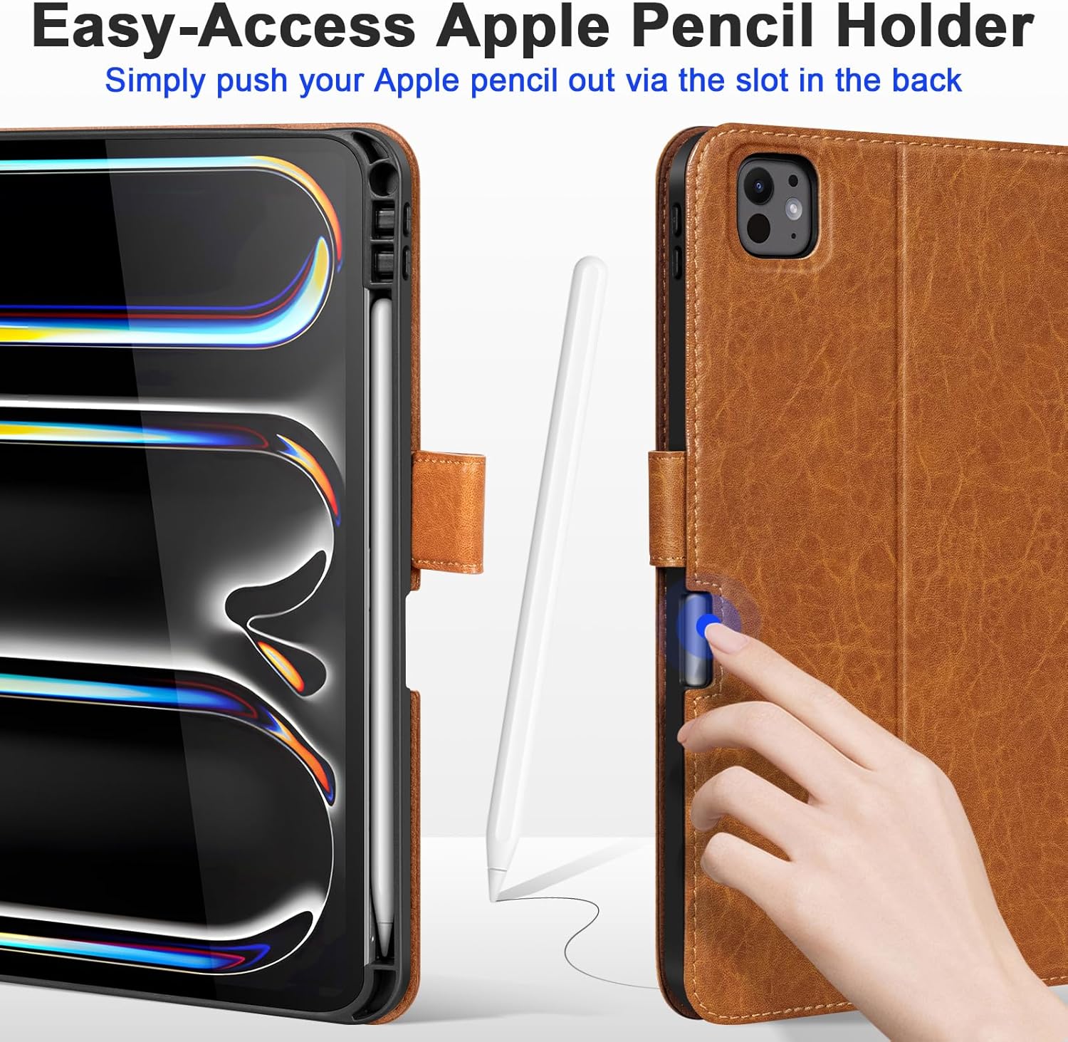 Genuine Leather iPad Case for iPad Pro 11 inch (M4) 2024 / (M5) 2025,Leather Folio Cover with Apple Pencil Holder, Auto Wake/Sleep, Adjustable Stand, Magnetic Closure,Light Brown