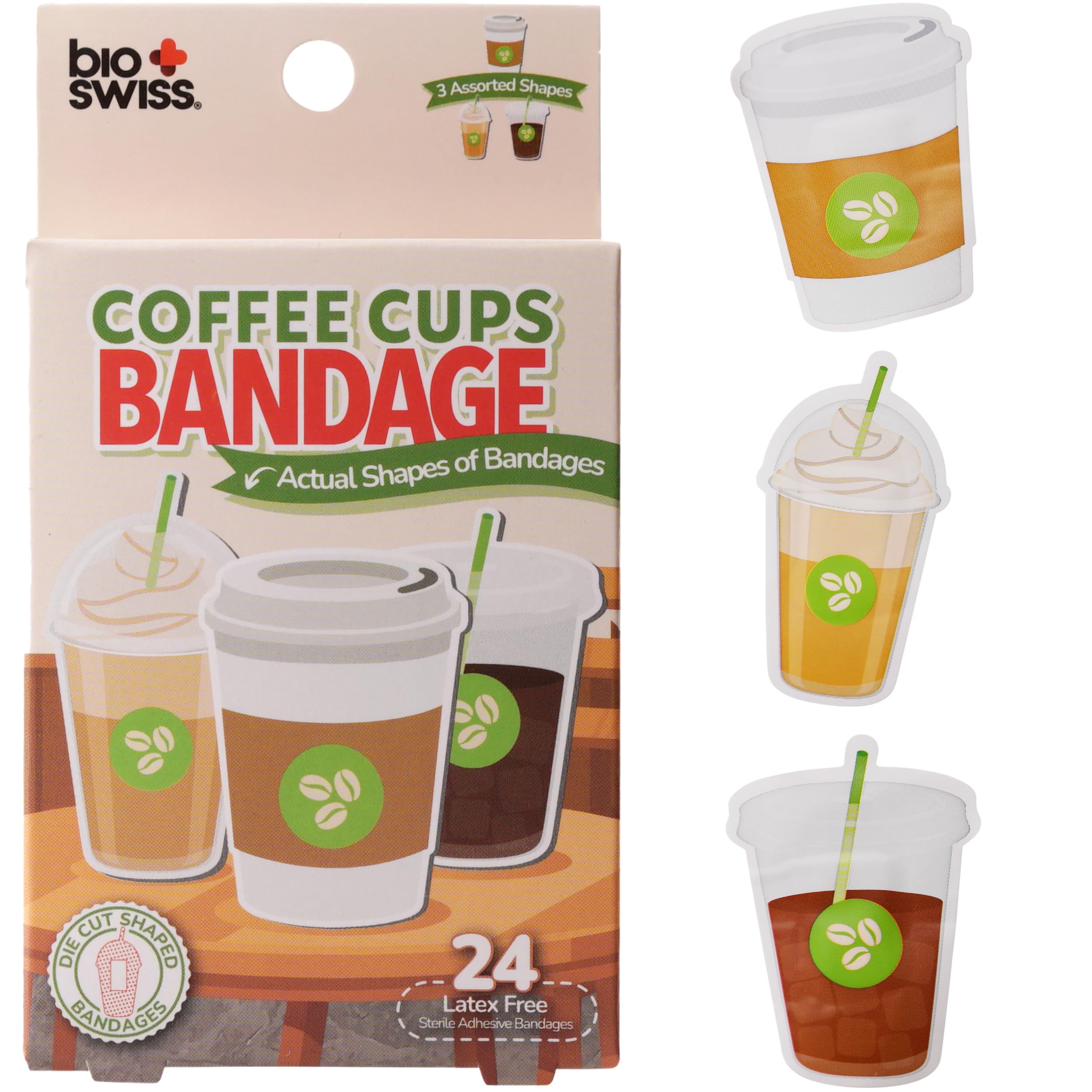 BioSwiss Bandages, Coffee Cup Shaped Self Adhesive Bandage Set, Latex Free, Sterile Wound Care, 24 Count