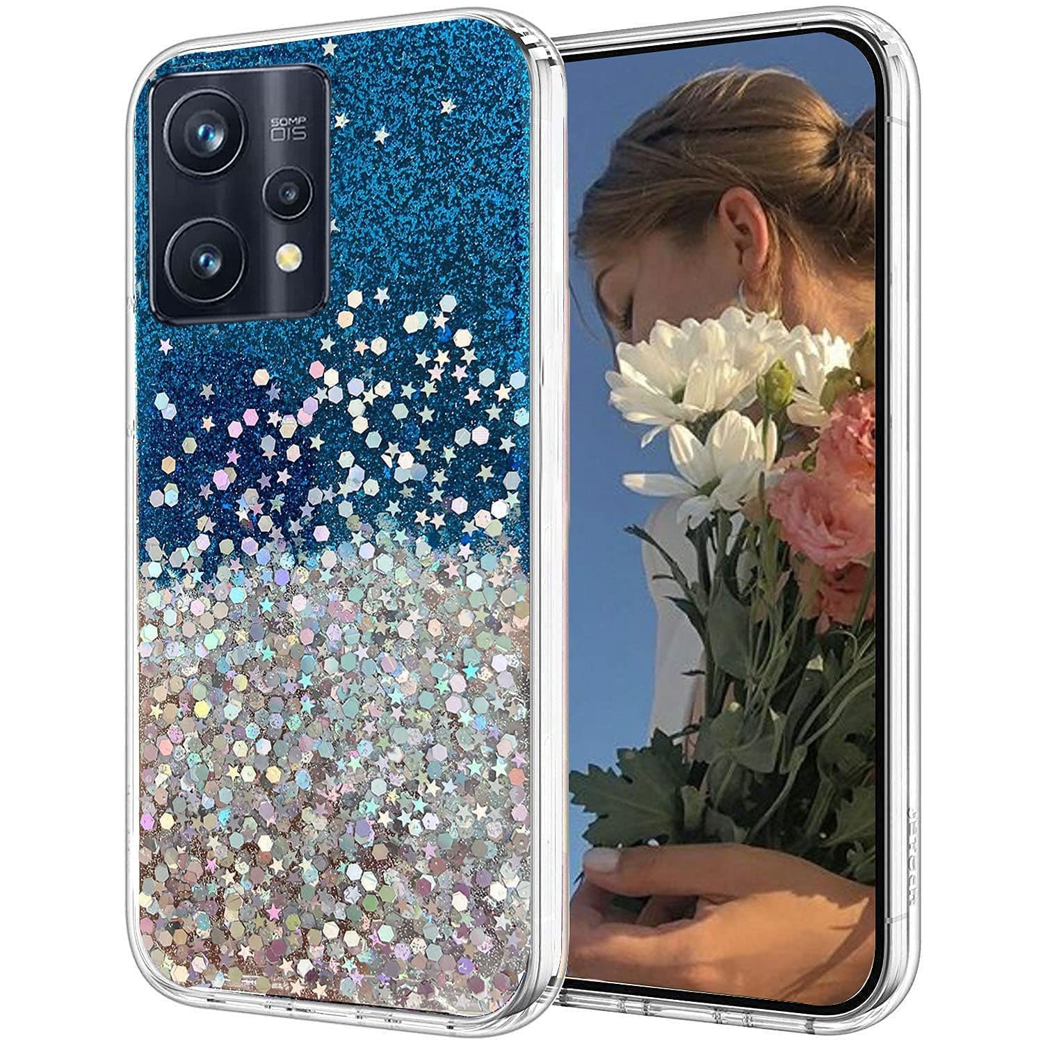 KC Back Cover for Realme 9 Pro 5G, Dry Fixed Glitter Bling Ultra Thin TPU Sparkle Stars Epoxy Silicone Girls Women Case (Blue)