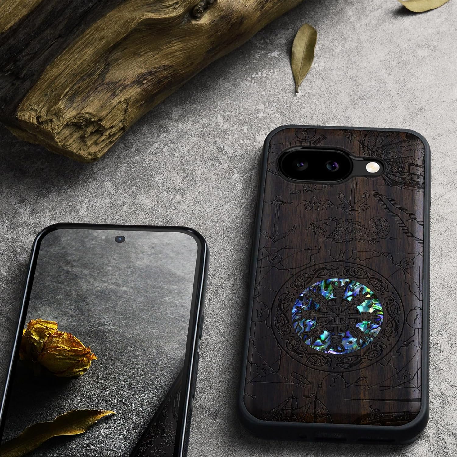 Carveit Magnetic Wooden Case for Google Pixel 9a Case, Wood Artisan Engraved & Handmade Shell Inlaid, Compatible with MagSafe Wireless Chargers (Viking Shield) Blackwood