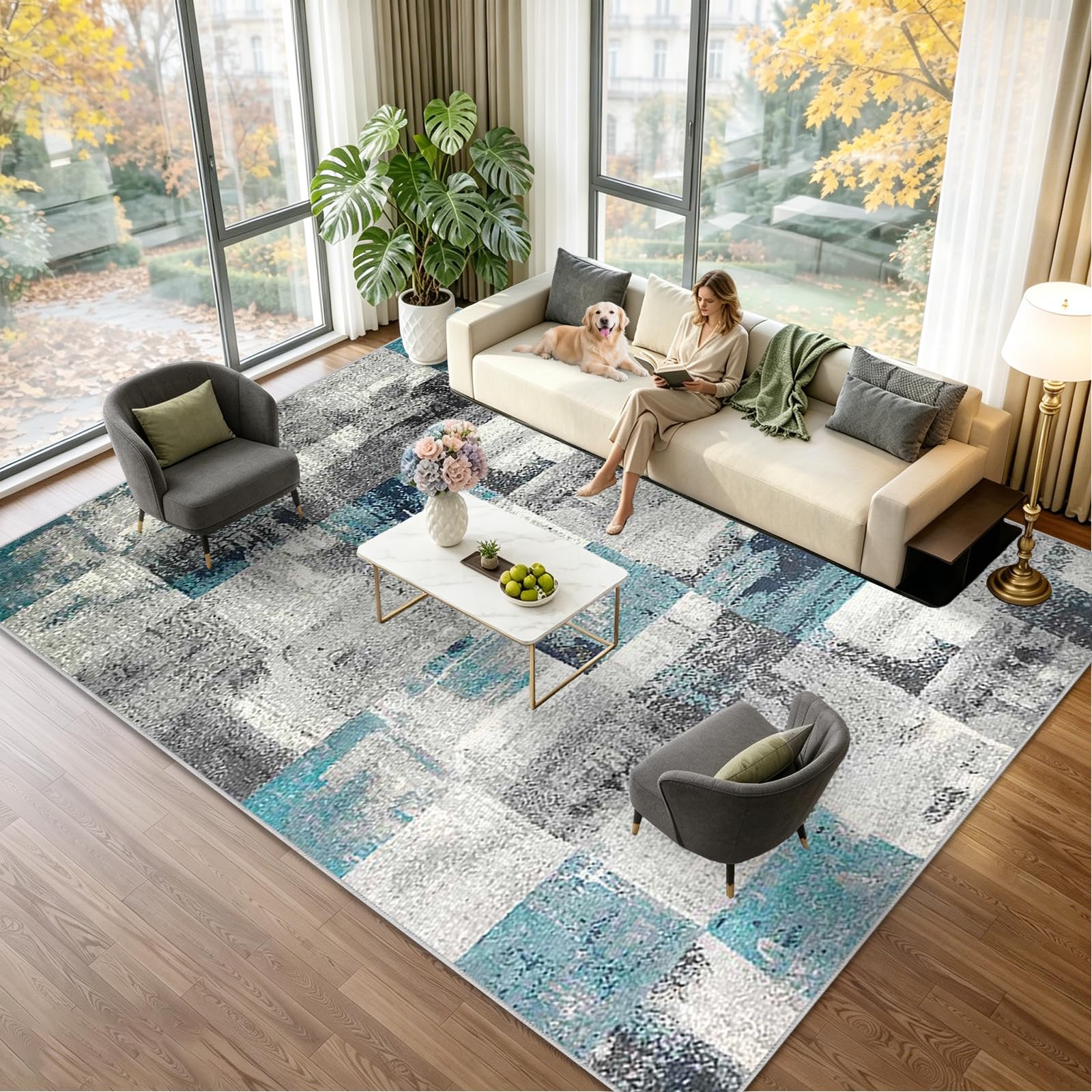 Tappeto Salotto Antiscivolo Tappeti a Pelo Corto Tappeti Camera da Letto Tappeto Soggiorno Tappeti Lavabile in Lavatrice Carpet Moderno Geometric Rombo Carpet Cameretta Ufficio 130 x 140cm