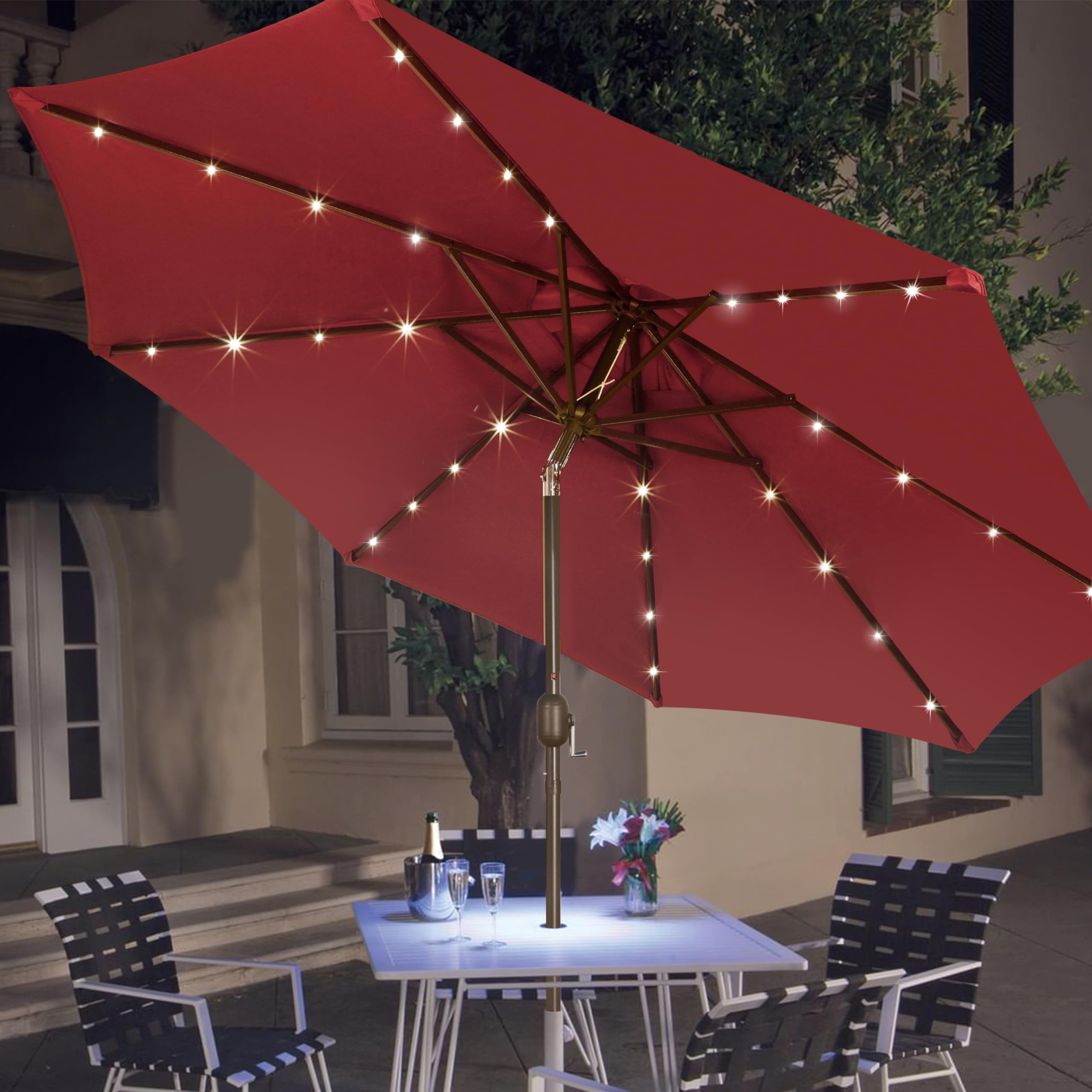 Blissun 9 ft Solar Umbrella, 32 LED Lighted Patio Umbrella, Table Market Umbrella, Outdoor Umbrella for Garden, Deck, Backyard, Pool and Beach (Burgundy) : Patio, Lawn & Garden