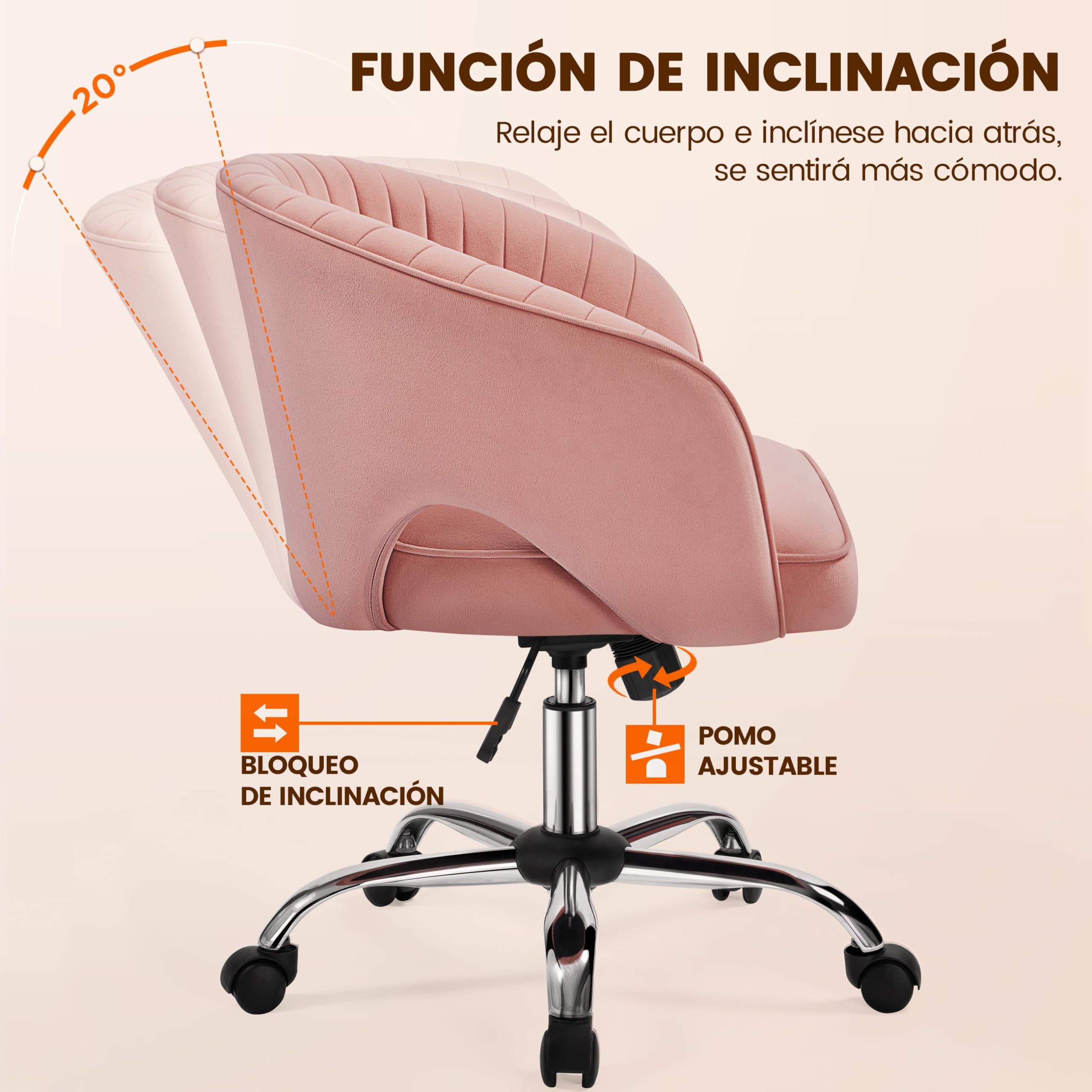 Yaheetech Silla de Oficina Silla de Terciopelo con Rudas Giratorias de 360° con Función de Inclinación Sillon para Trabajo Silla Altura Ajustable Tapizada de Terciopelo Rosa
