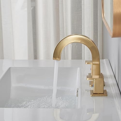 Miniatura 3 de Grifo de baño de oro cepillado de 3 agujeros, grifo generalizado dorado para lavabo de baño, 2 manijas para lavabo de baño, grifo dorado de 8