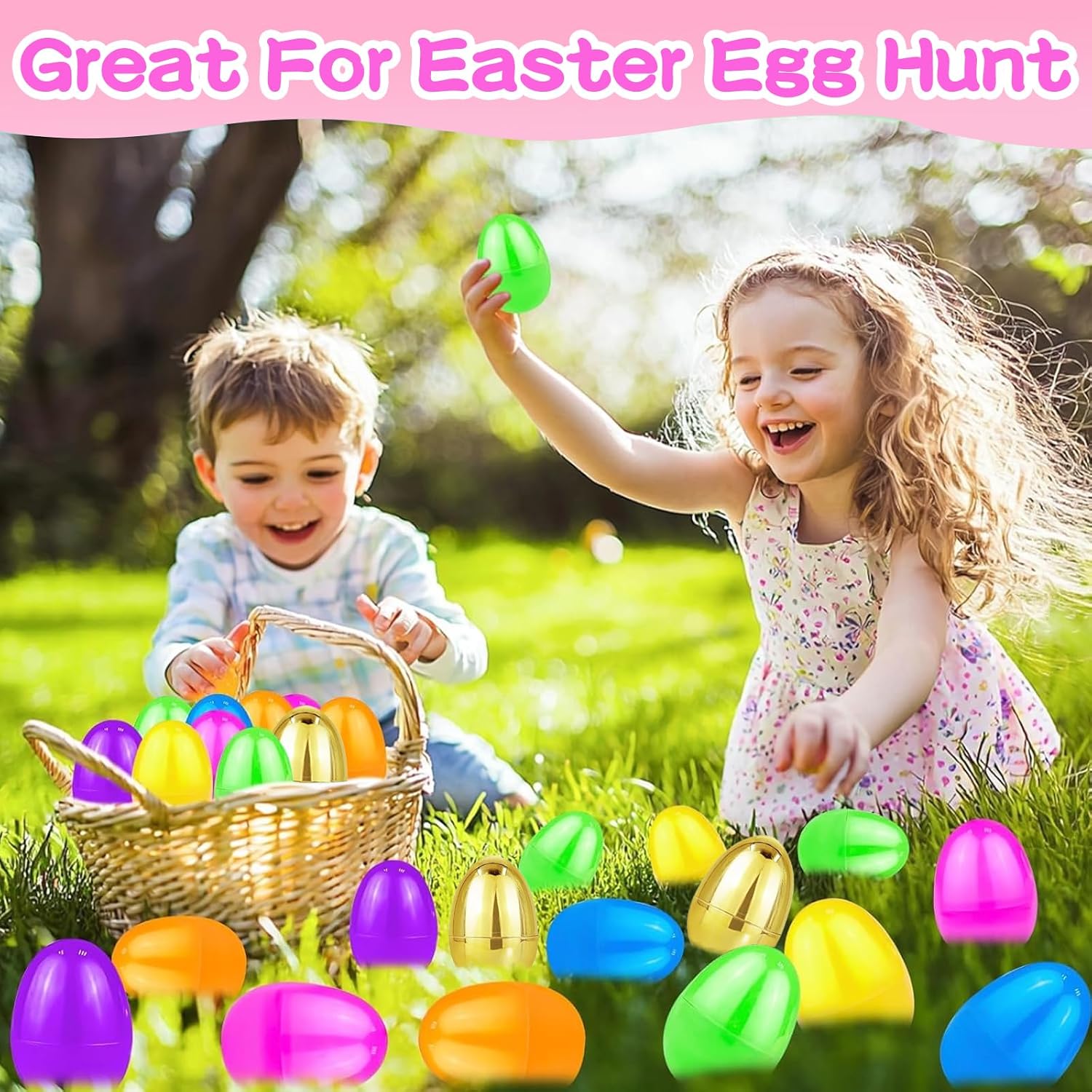 Pinkcow Plastic Easter Eggs Fillable Empty - 100 Pack 2.3" Colorful Pastel Eggs Mix Gold Eggs Bulk with Hinge for Easter Basket Stuffers, Egg Hunt Supplies, Party Favor Decorations, Kids Gifts