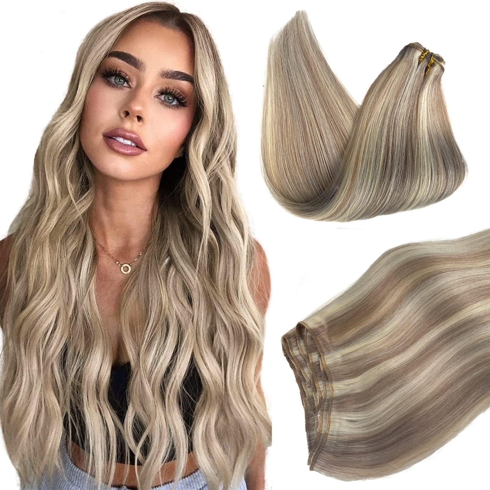 BESFORBalayage Weft Hair Extensions Human Hair, Color Brown to #60 Blonde Highlights Brown Double Weft Hair Extensions for Women Long Straight Hair Extensions 120 Grams 22 Inch